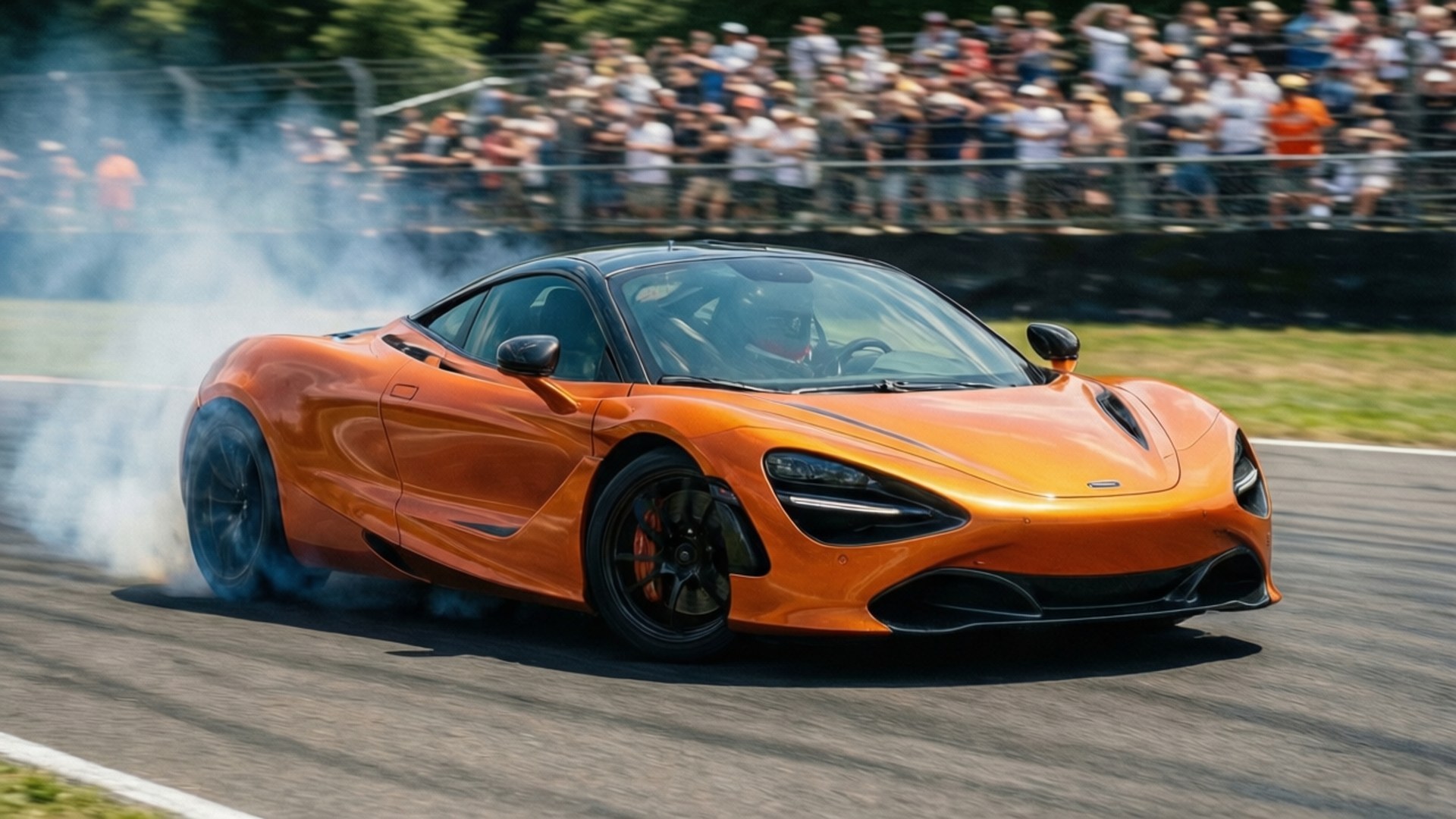 橙色McLaren 720S在賽道上飄移，伴隨煙霧和人群