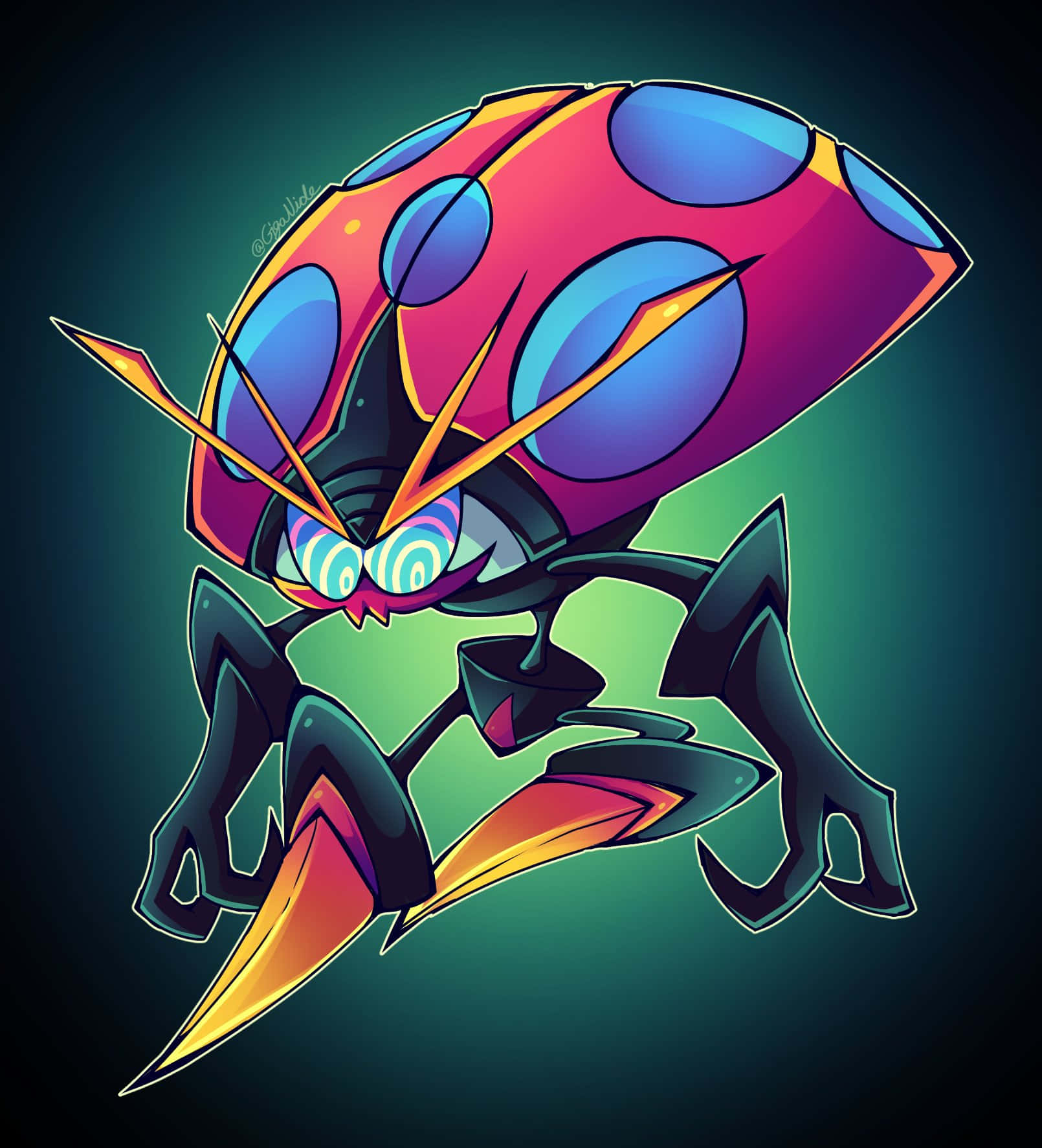 Orbeetle 的深藍色斑點 壁紙 — 一隻風格化的卡通瓢蟲，帶有發光的藍色斑點和尖銳的橙色刺，背景為深色漸變。