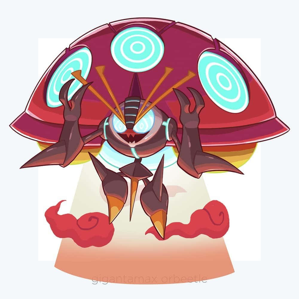 Orbeetle 的發光斑點 壁紙 — 一個風格化的動漫生物，有著紅色圓頂頭部和發光的青色眼睛，站在旋轉的紅色雲朵上，背景為漸變色。
