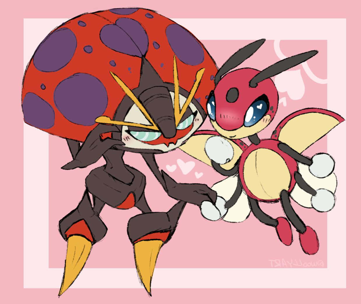 Orbeetle 與 Ledian 的活力對決 壁紙 — 一隻可愛的動漫風格瓢蟲和一隻有藍色眼睛的紅色昆蟲在帶有心形的柔和粉紅色背景上牽手。