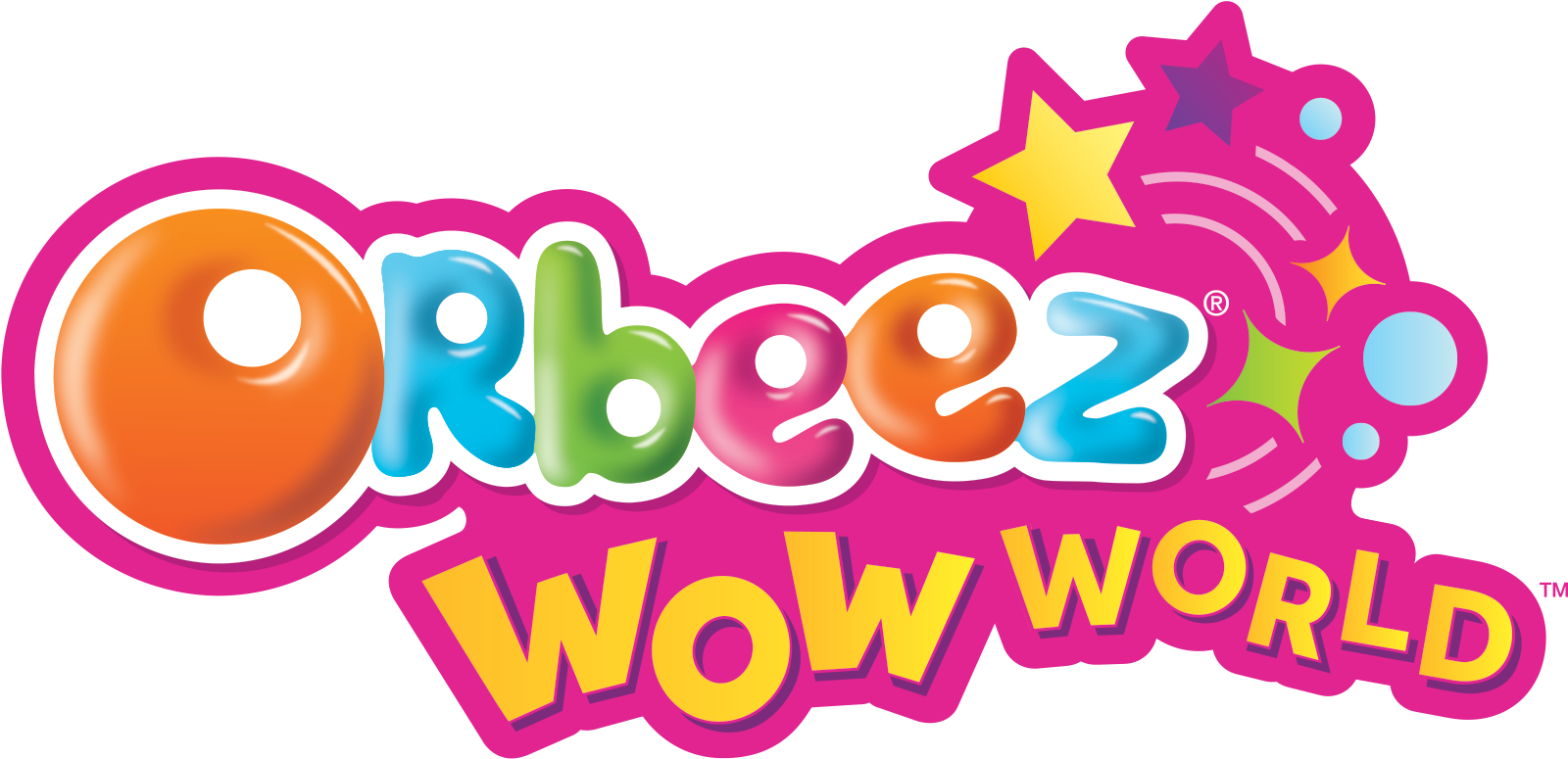Orbeez Wow World 標誌 壁紙 — 充滿活力的3D渲染Orbeez Wow World標誌，帶有彩色光澤字母和俏皮星星，背景為黑色。