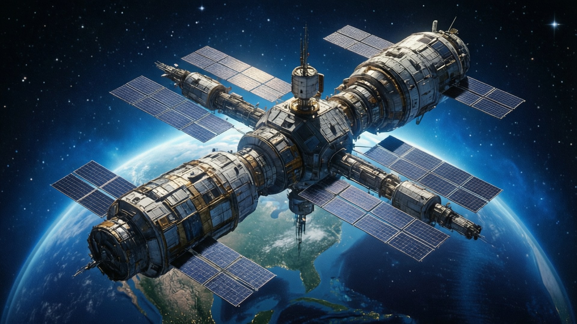 Orbit Station 壁紙 — 一個巨大的太空站帶有太陽能板，在星空背景下繞地球運行。