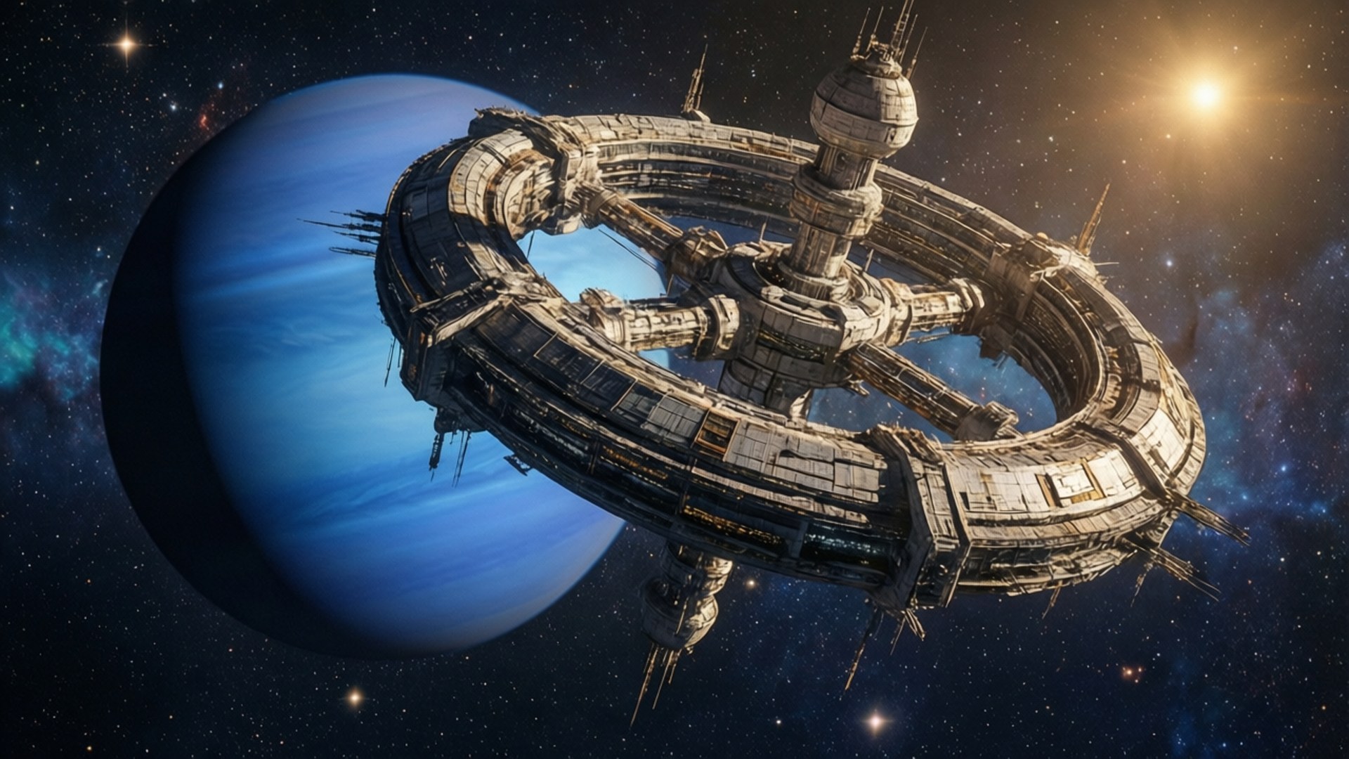 一個大型太空站圍繞著一顆藍色行星運行，背景有星星和明亮的太陽。