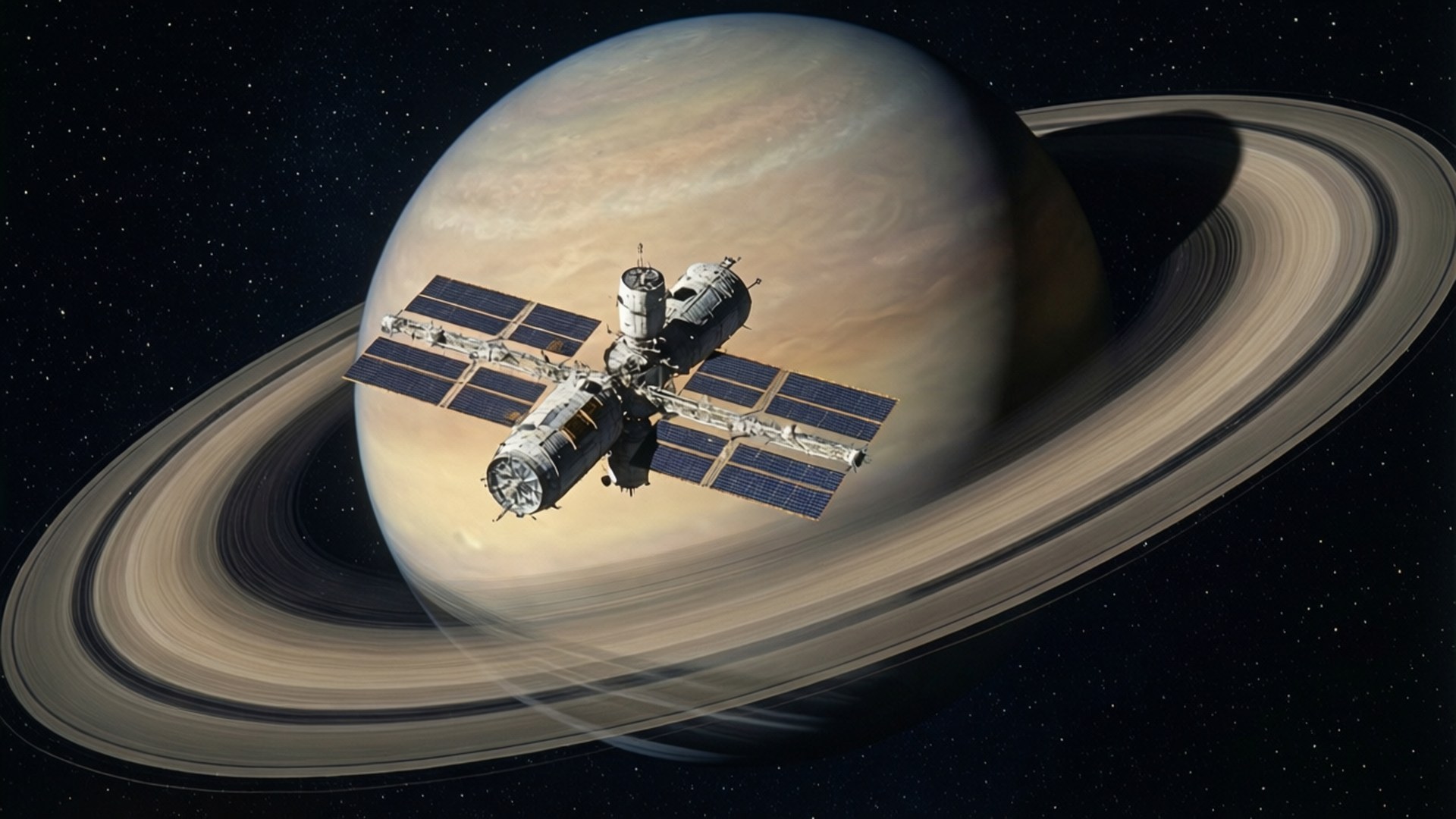 太空站環繞一個環狀行星在深空中，星星可見