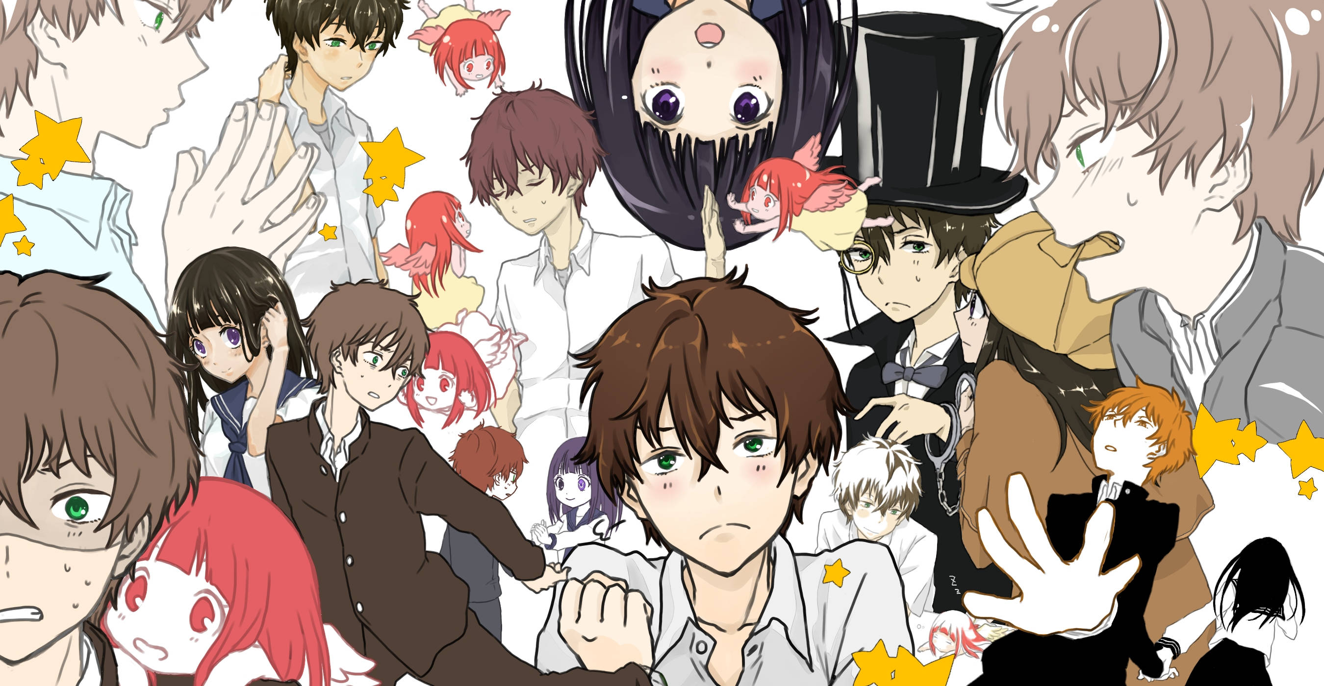 Oreki Houtarou 同人拼貼 壁紙 — 一幅充滿活力的動漫拼貼畫，以白色背景為襯托，展現了多樣化的角色，表情豐富，並帶有星星點綴。