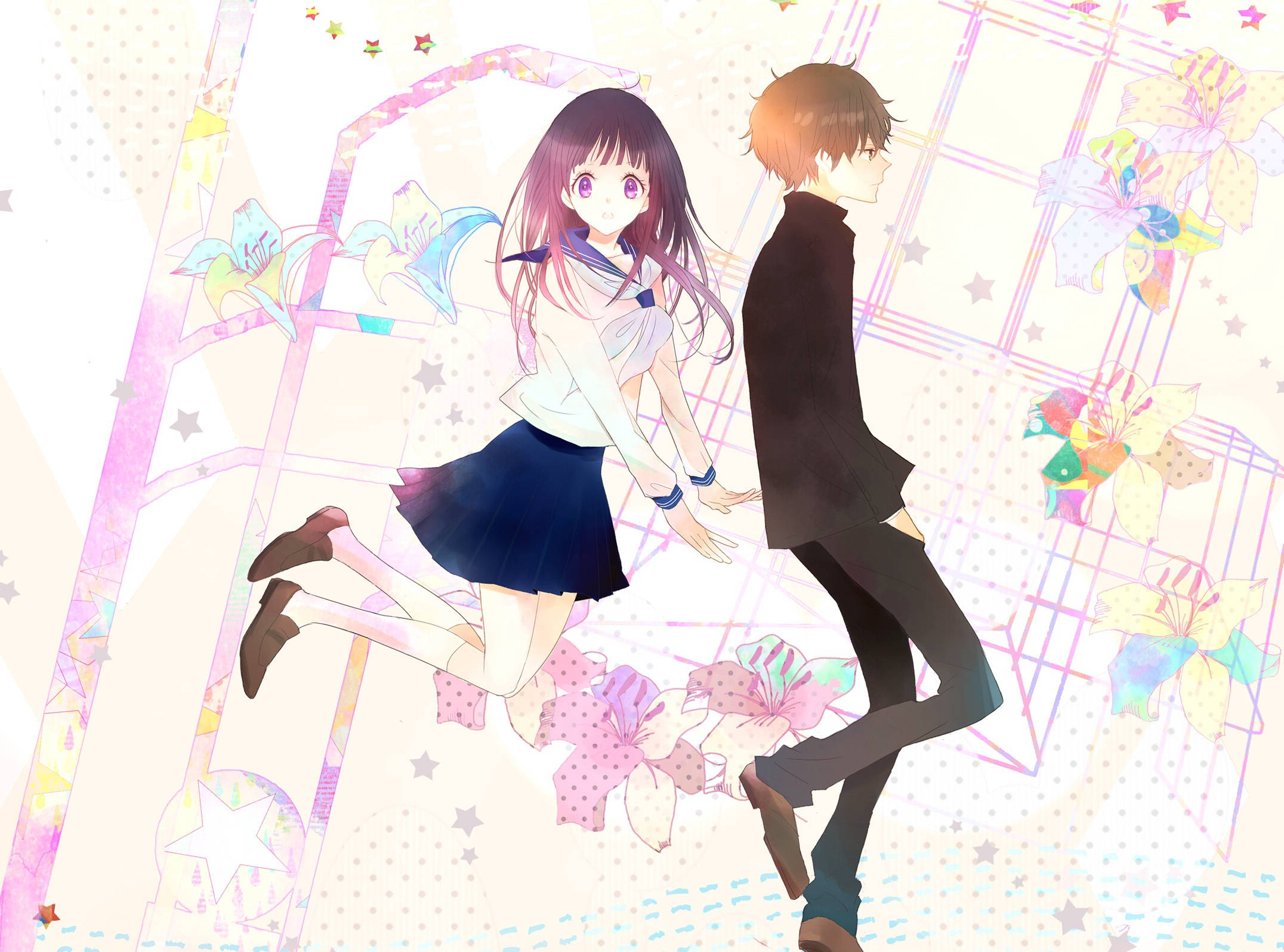 Oreki Houtarou 粉紅藝術 壁紙 — 一幅充滿活力的動畫風格插圖，描繪一名穿著校服的女孩在粉彩背景中，向一名穿著黑色西裝的男孩伸出手，背景有百合花和星星。