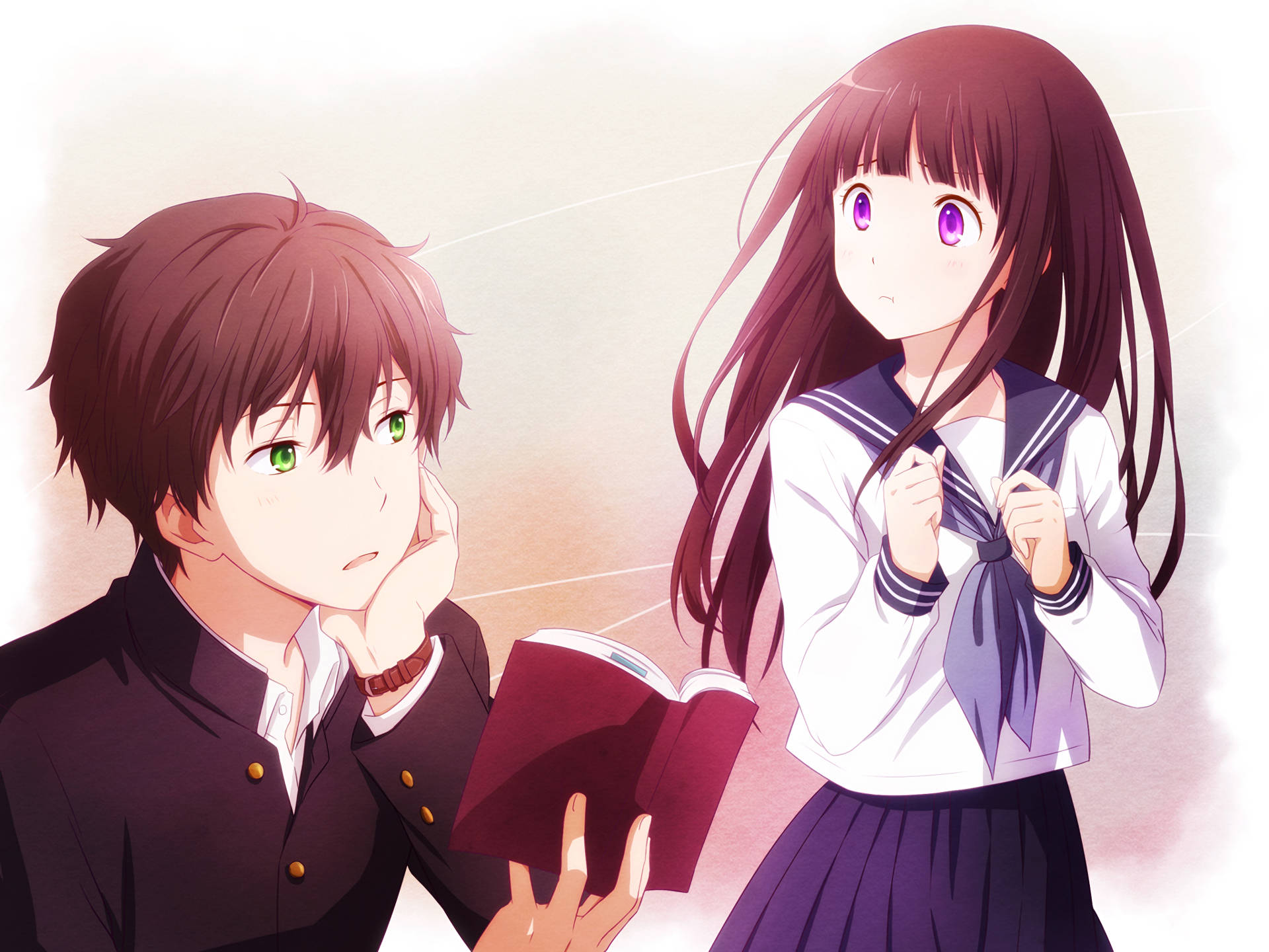Oreki Houtarou Hyouka 藝術 壁紙 — 兩個穿著校服的動漫學生在柔和溫暖的燈光下，一起靜靜地看書。