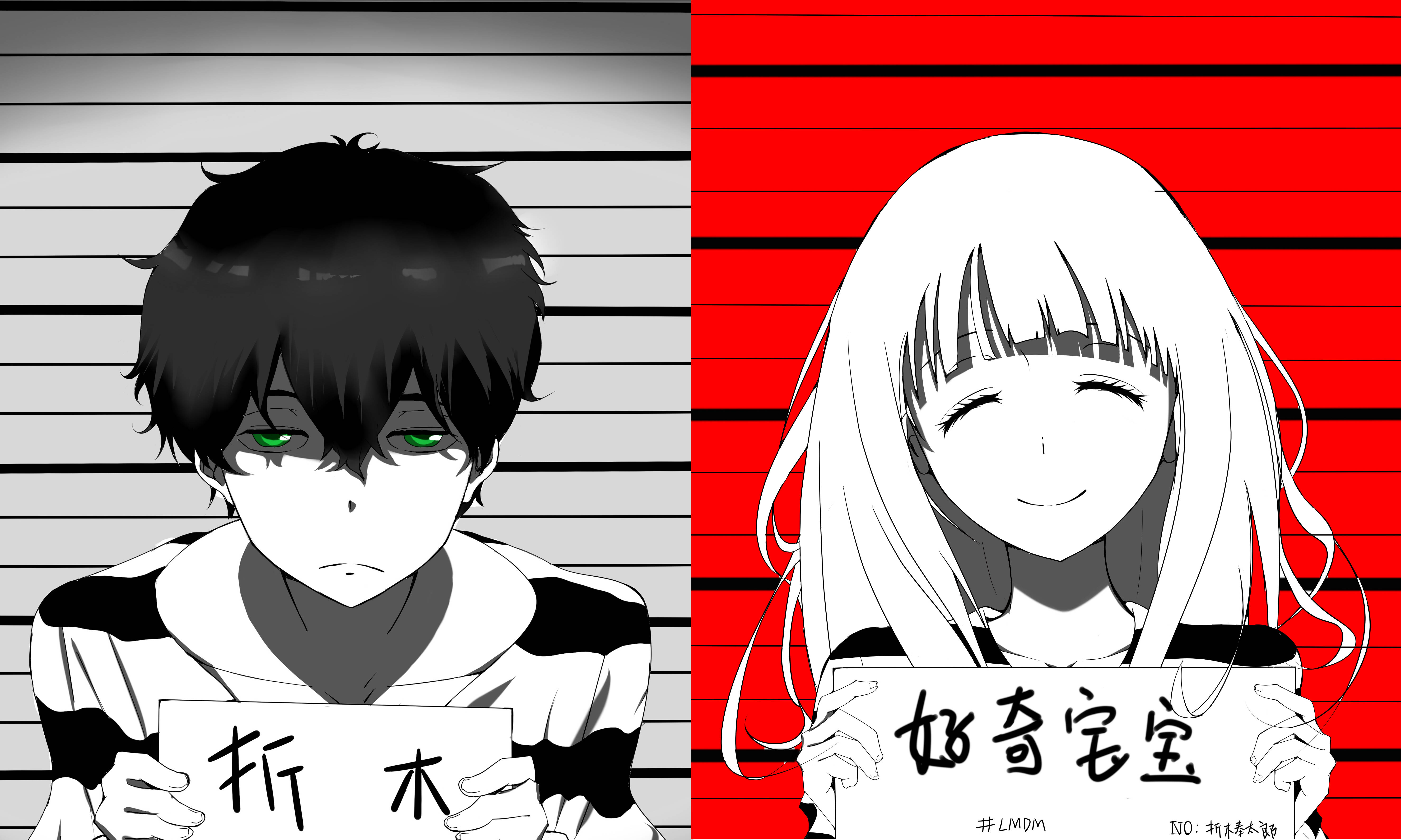 Oreki Houtarou 沉思 - 《冰菓》動畫主角 壁紙 — 兩個動漫角色以疑犯照姿勢擺拍，一個有綠色眼睛，背景為灰色條紋，另一個微笑著，白髮，背景為紅色條紋。
