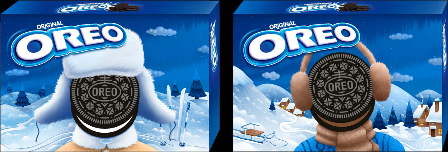 Oreo冬季滑雪冒險 壁紙 — 兩個穿著冬季裝備的Oreo曲奇盒站在有滑雪道和小屋的雪景中。