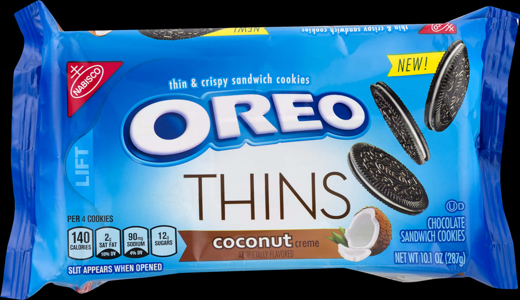 Oreo Thins 海椰子奶油包裝 壁紙 — 一包充滿活力的藍色Oreo Thins椰子奶油夾心餅乾，帶有漂浮餅乾視覺效果和營養資訊。