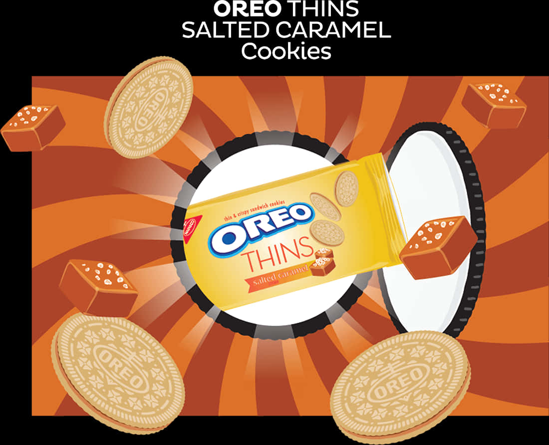 Oreo Thins 海鹽焦糖宣傳圖 壁紙 — Oreo Thins 鹹焦糖餅乾的鮮豔廣告，金色餅乾和焦糖碎片漂浮在黃色包裝周圍，背景為橙色放射狀。
