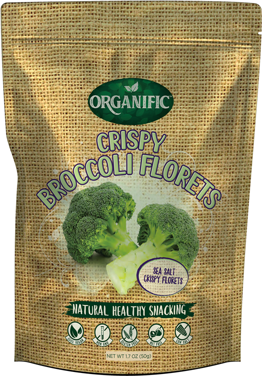Organific 酥脆西蘭花花蕾包裝 壁紙 — 一個用麻布包裹的Organific脆皮西蘭花小花袋，帶有粗體綠色文字和新鮮蔬菜圖像。