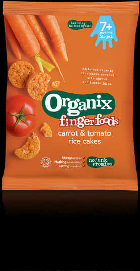Organix兒童手指食物包裝 壁紙 — 一包鮮豔橙色嘅Organix手指食物紅蘿蔔番茄米餅，配有新鮮蔬菜同藍色7+年齡標誌。