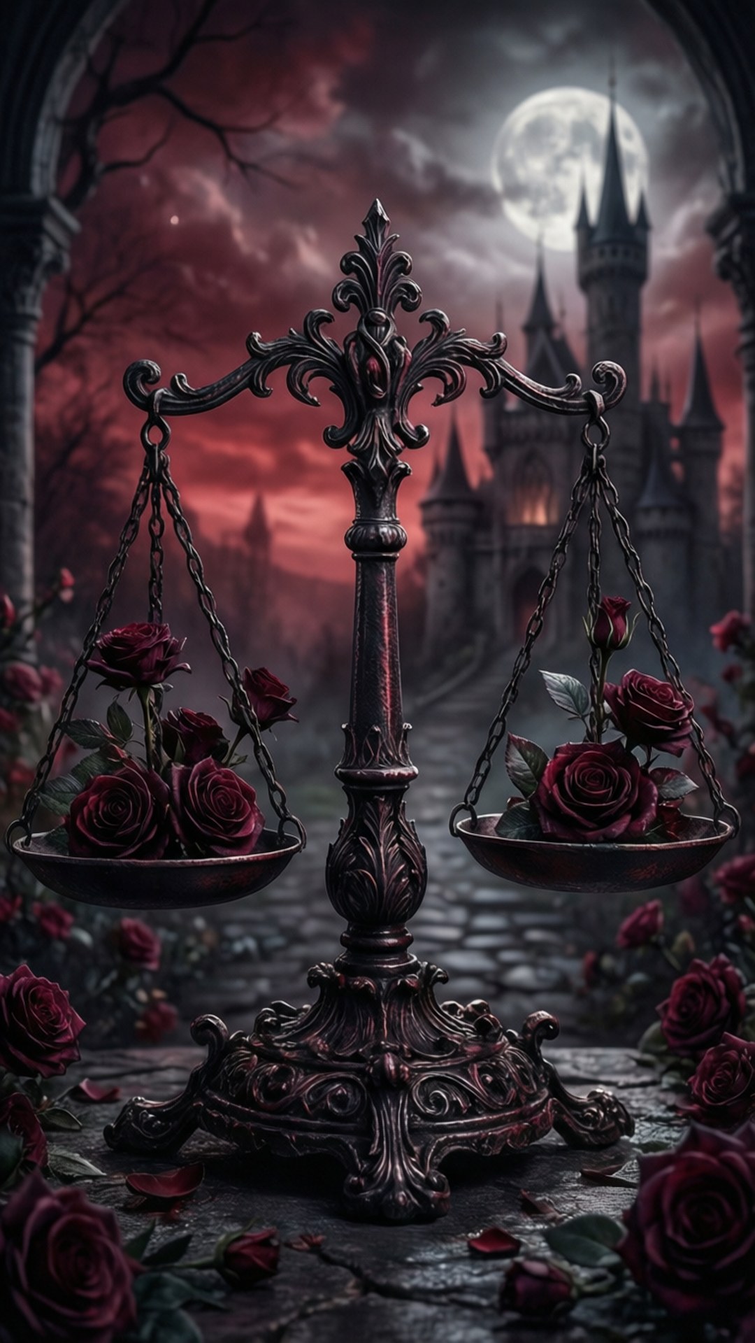Libra Zodiac 桌布 壁紙 — 一個華麗的黑色天秤在血紅色的月光天空下，托著深紅玫瑰，背景是哥德式城堡。