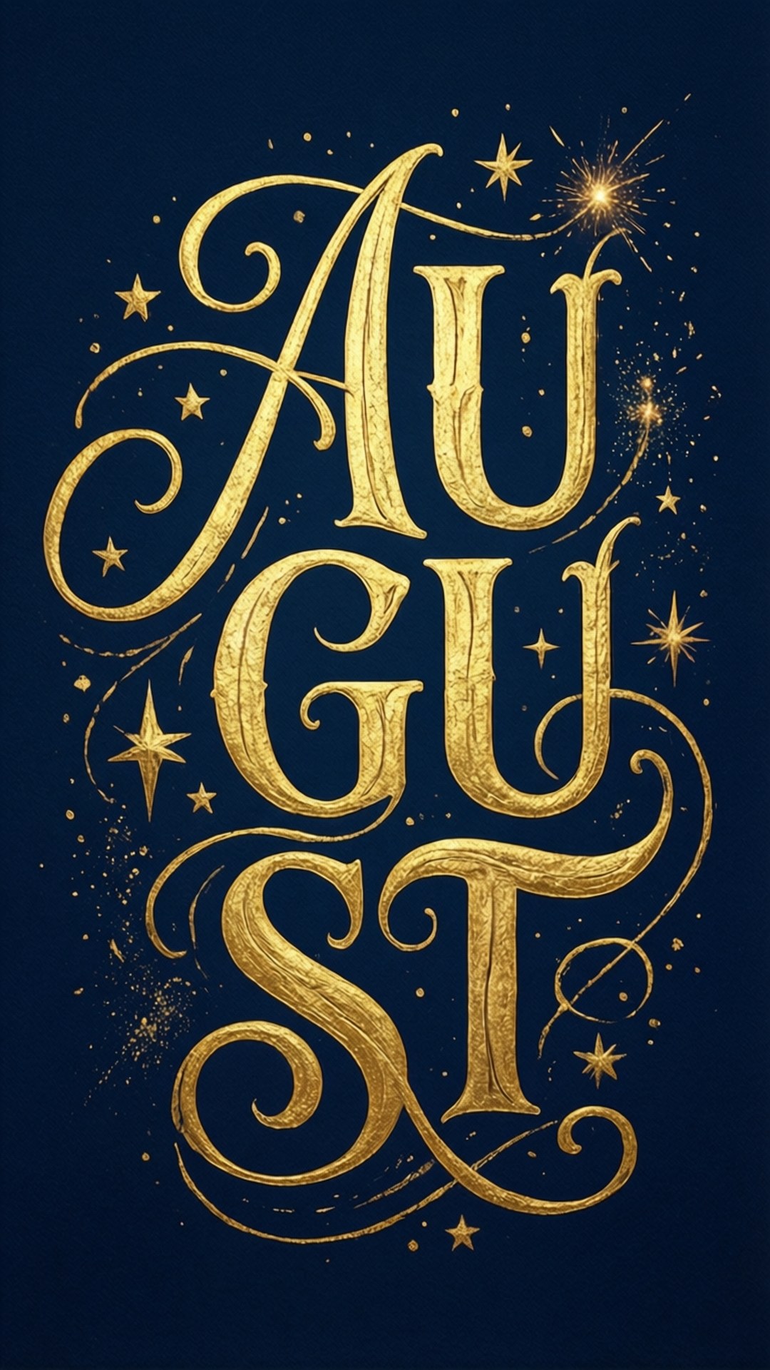 August 桌布 壁紙 — 「August」呢個詞以華麗嘅金色字體喺深藍色背景上閃爍，背景仲有散落嘅星星。