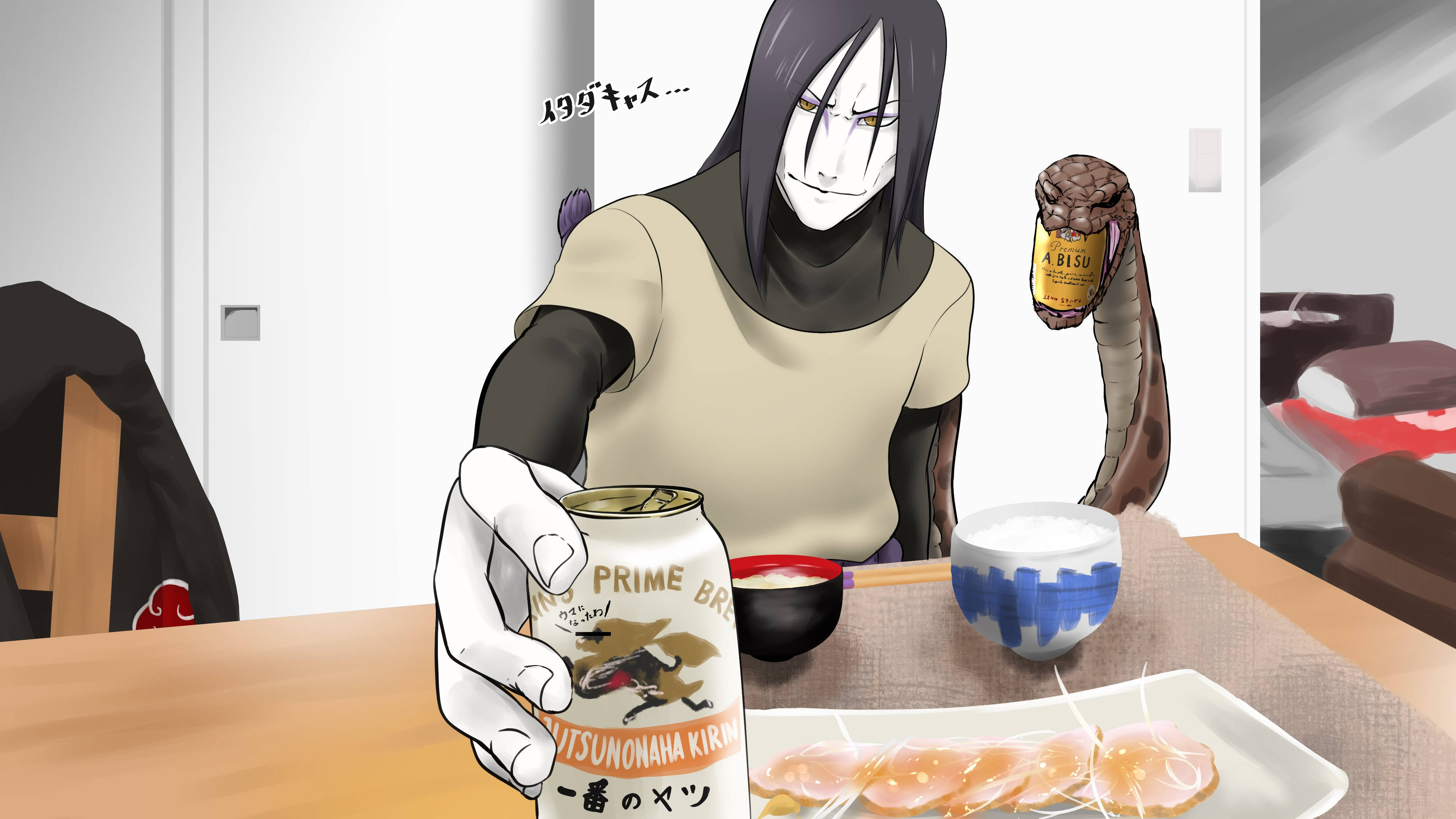 Orochimaru 與啤酒 壁紙 — 黑髮白面具的動漫角色在擺有壽司和杯子的餐桌上拿著啤酒罐。