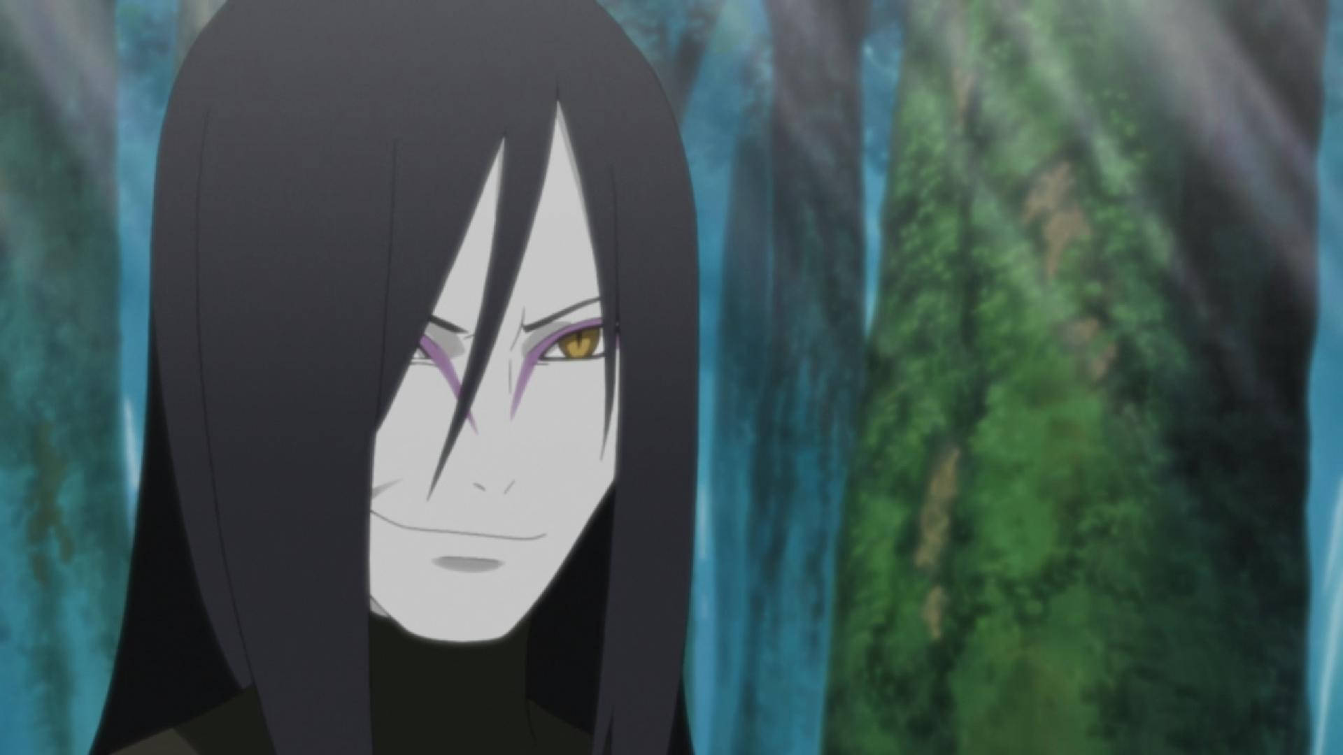 堅定的 Orochimaru 壁紙 — 一個蒼白的動漫角色特寫，長長的黑髮和金色的眼睛，在模糊的森林背景下微微微笑。