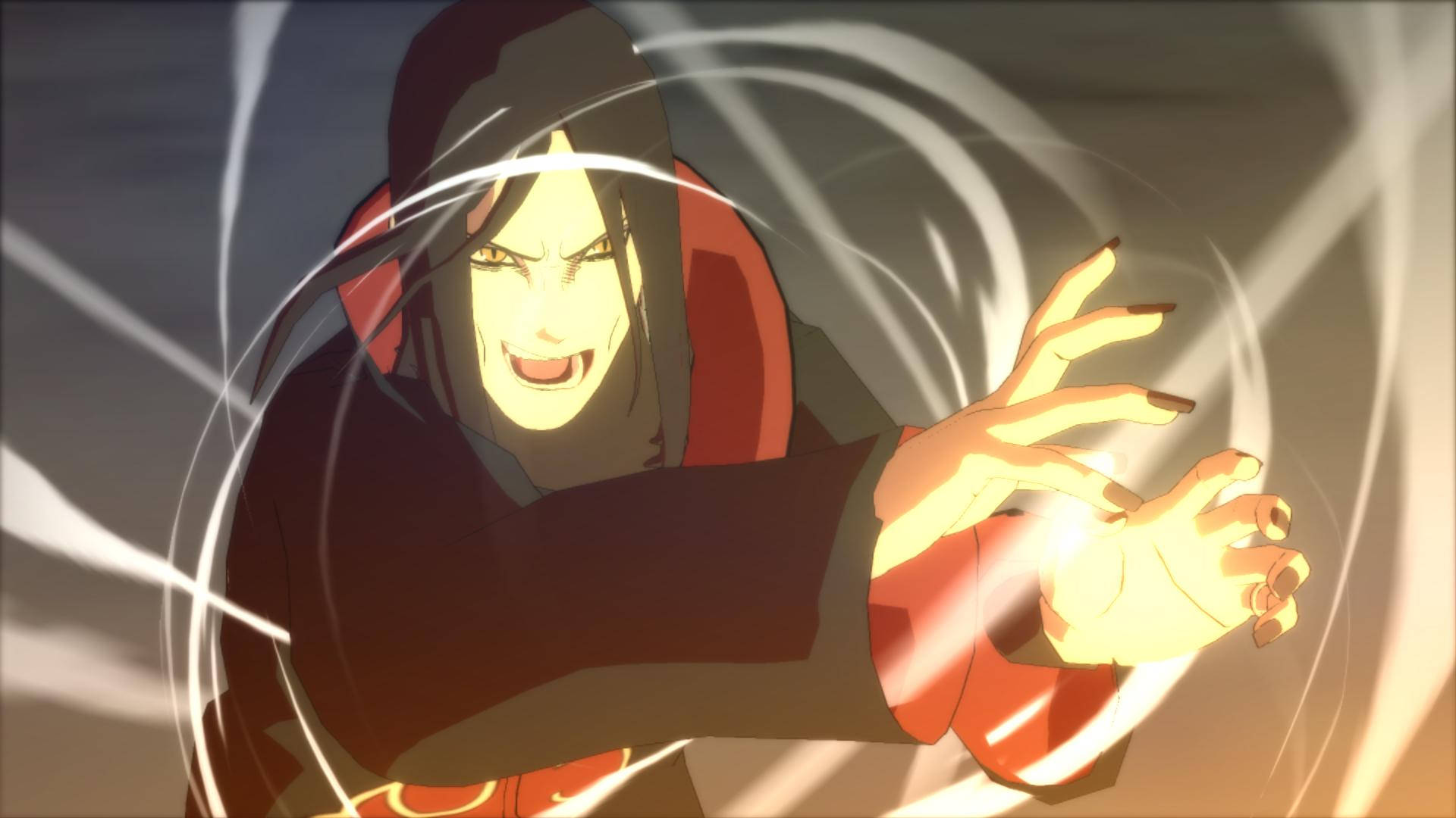 Orochimaru 戰鬥場景 壁紙 — 一個穿著紅黑斗篷的動漫角色，帶著強烈的表情引導發光的查克拉。