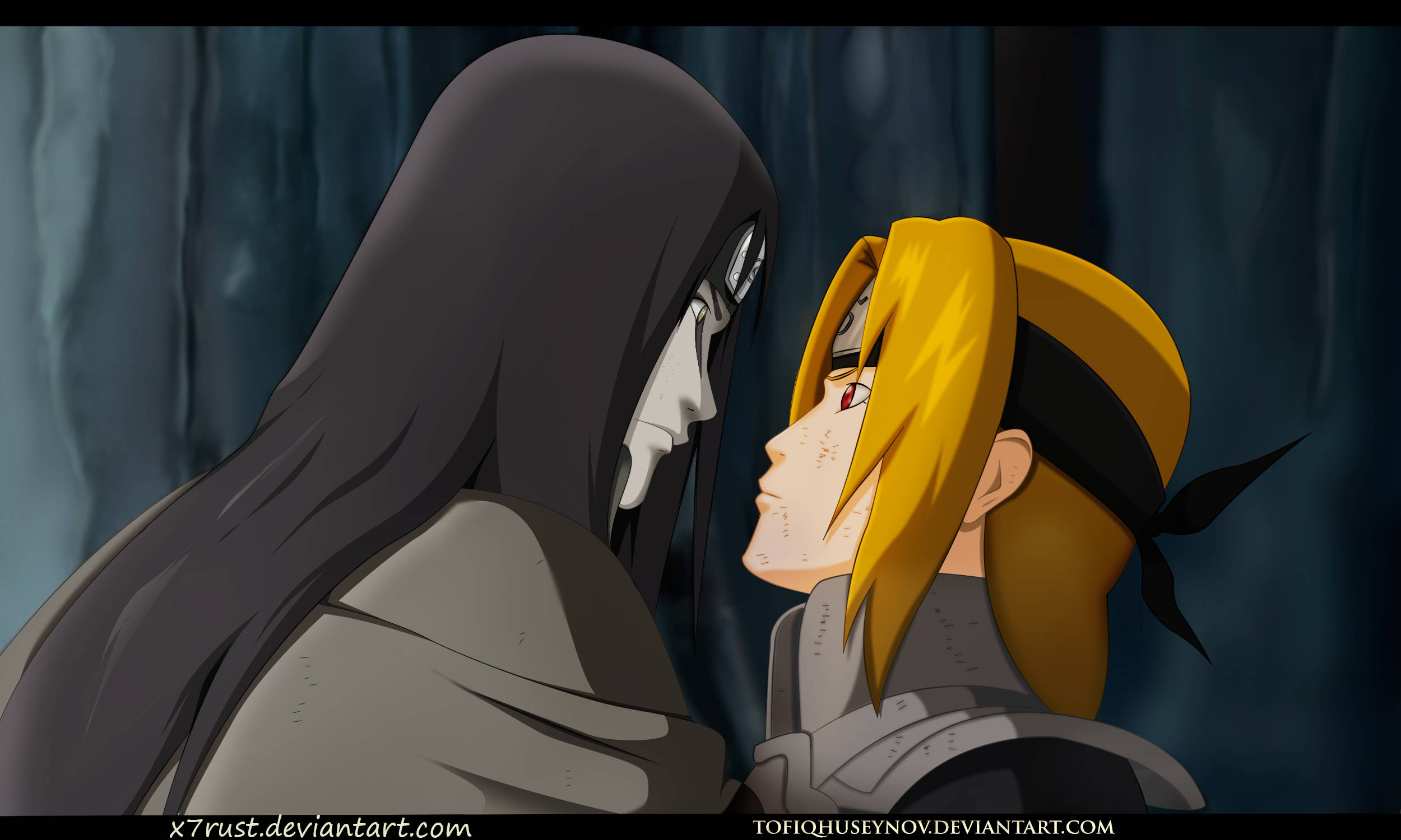 標題：「Orochimaru，禁術之主」 壁紙 — 兩個動漫角色在深藍色窗簾背景下緊張地近距離面對面。
