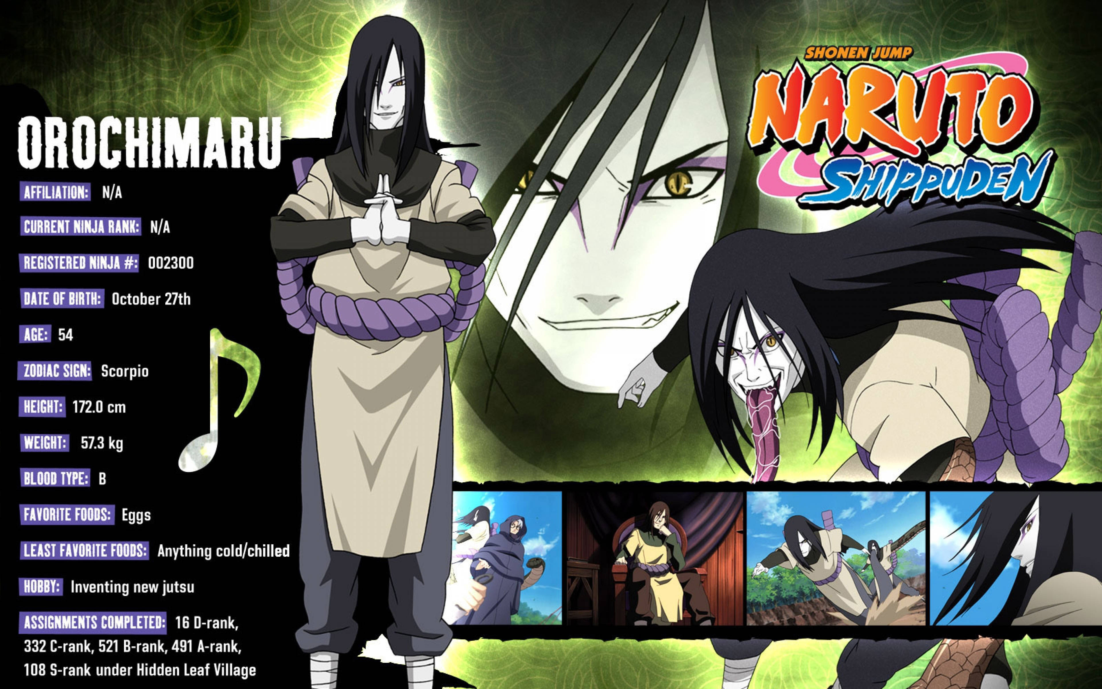 Orochimaru 人物介紹 壁紙 — 來自《火影忍者疾風傳》的動漫角色大蛇丸，雙手合十，站在綠色漩渦背景前，周圍有多個動作面板。