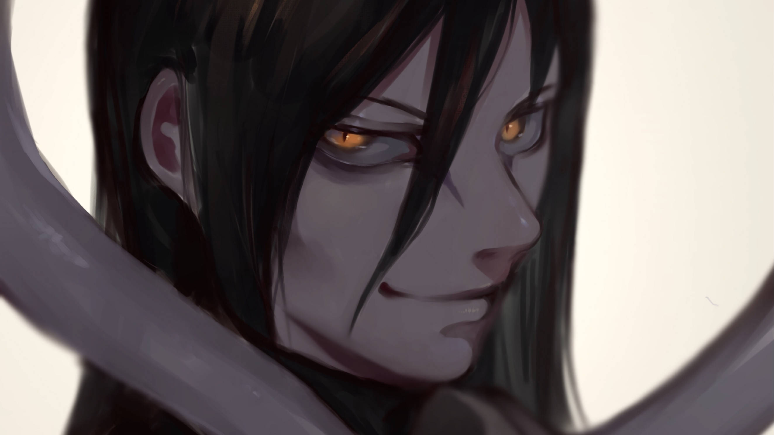 Orochimaru 特寫 壁紙 — 一個動漫角色特寫肖像，擁有深色頭髮和發光的橙色眼睛，在昏暗場景中手持一把劍。