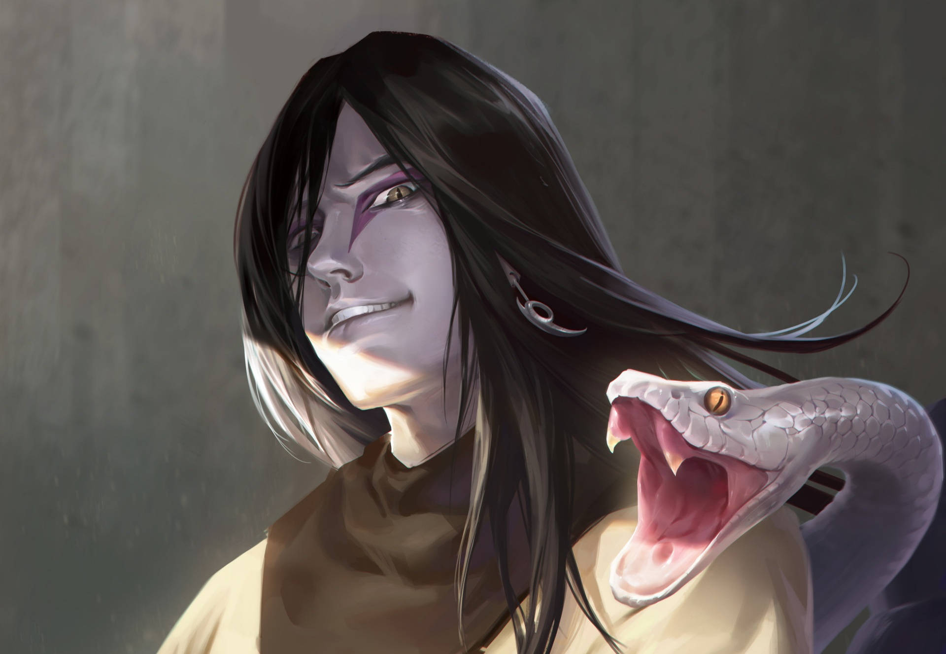 Orochimaru 與攻擊蛇 壁紙 — 一個蒼白的動漫角色，長長的黑髮微笑著，一條張開嘴的白蛇靠在他們的肩膀上，背景是灰色牆壁。