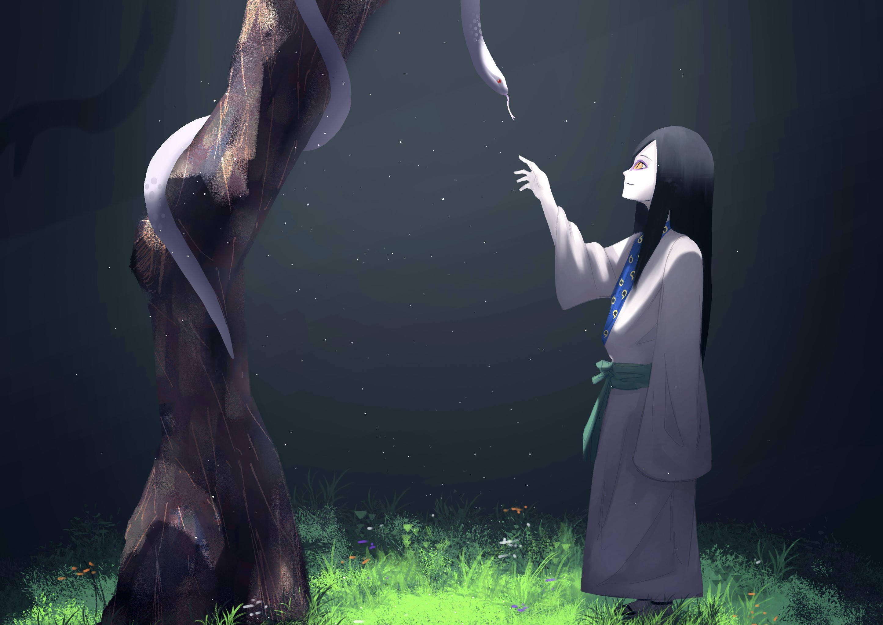 Orochimaru 與蛇 壁紙 — 一個皮膚蒼白的動漫女孩穿著灰色長袍，在星空下輕輕伸手觸碰纏繞在黑暗樹幹上的發光白蛇。
