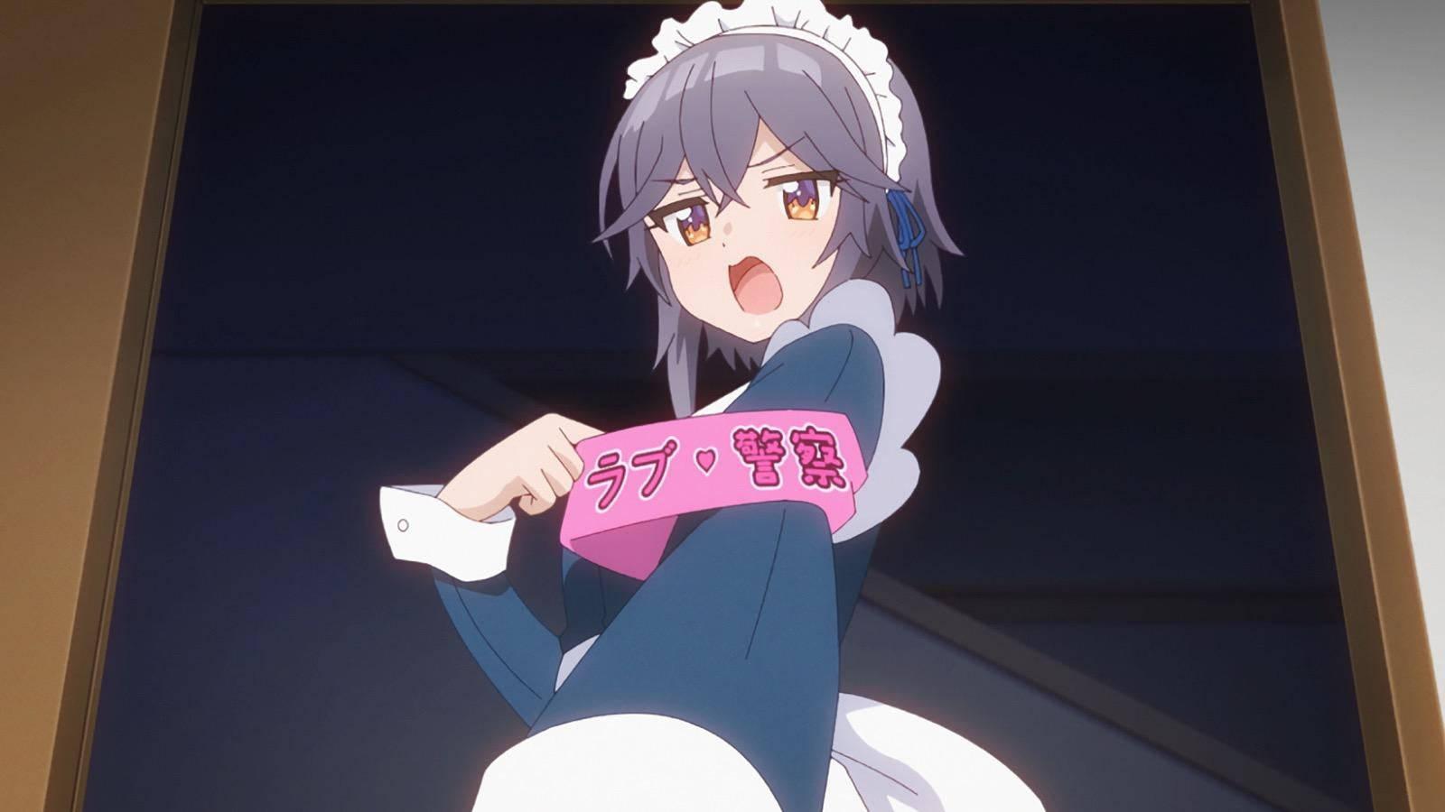 灰色頭髮的動漫女僕舉著帶有日語文字的粉紅色標牌。
