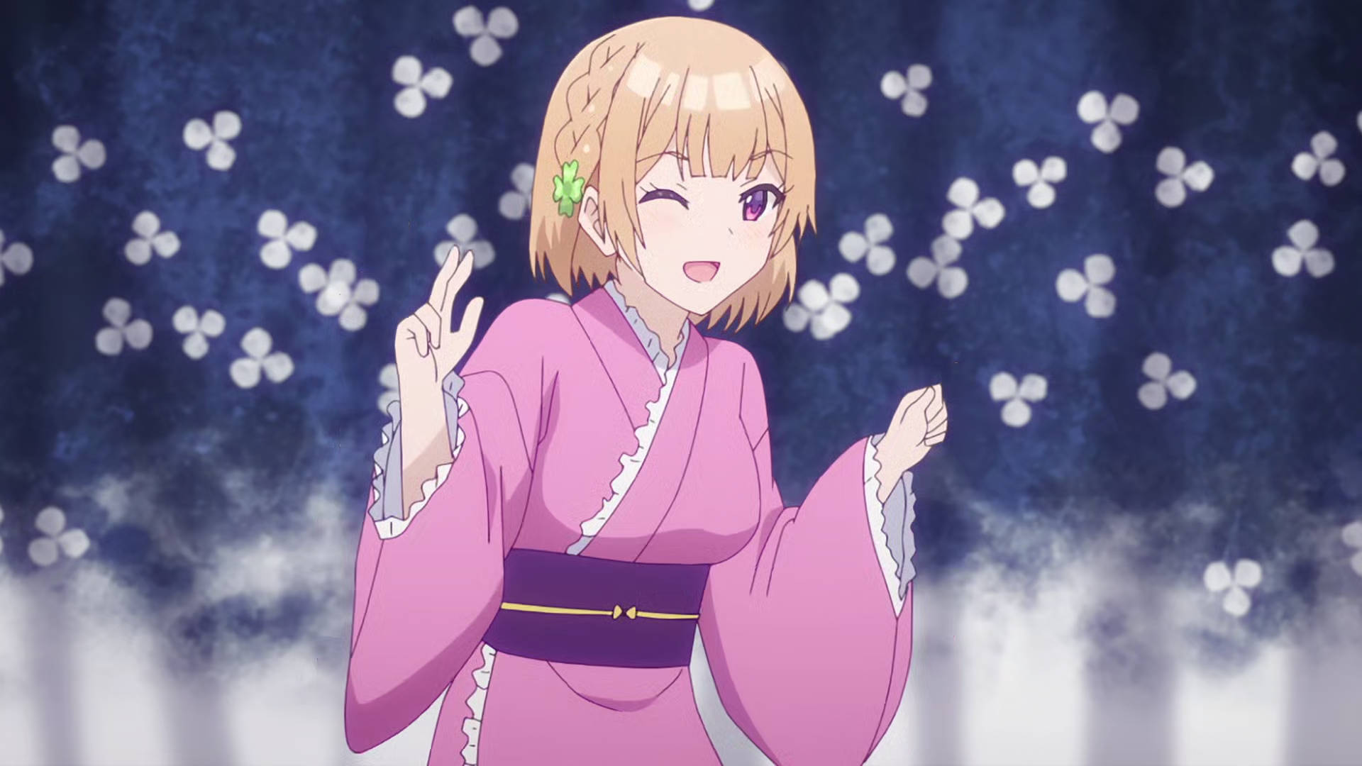 穿著粉紅色和服的動漫女孩在晚上眨眼並做出和平手勢。