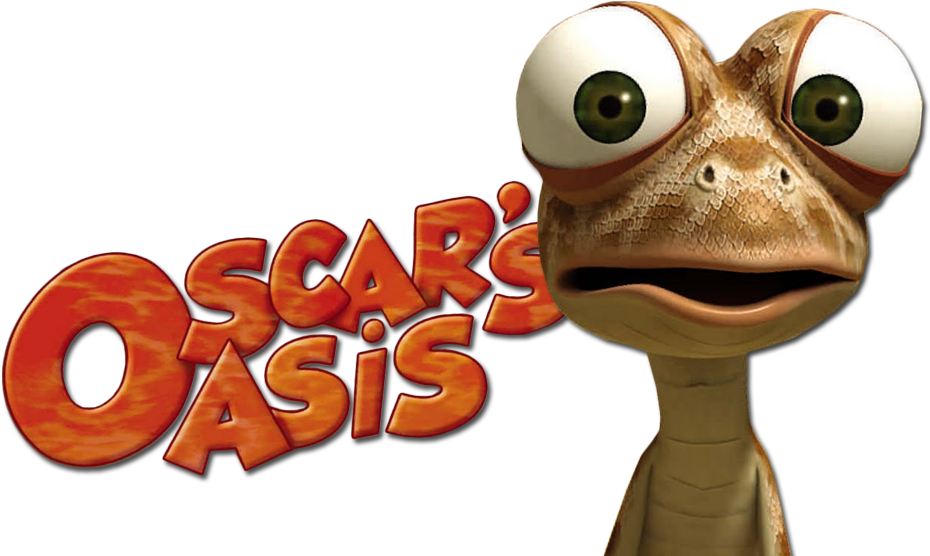 Oscar's Oasis 角色宣傳圖 壁紙 — 一隻開心嘅3D渲染卡通蜥蜴，有大大嘅綠色眼睛，喺黑色背景上嘅火橙色「Oscar's Oasis」文字旁邊微笑。