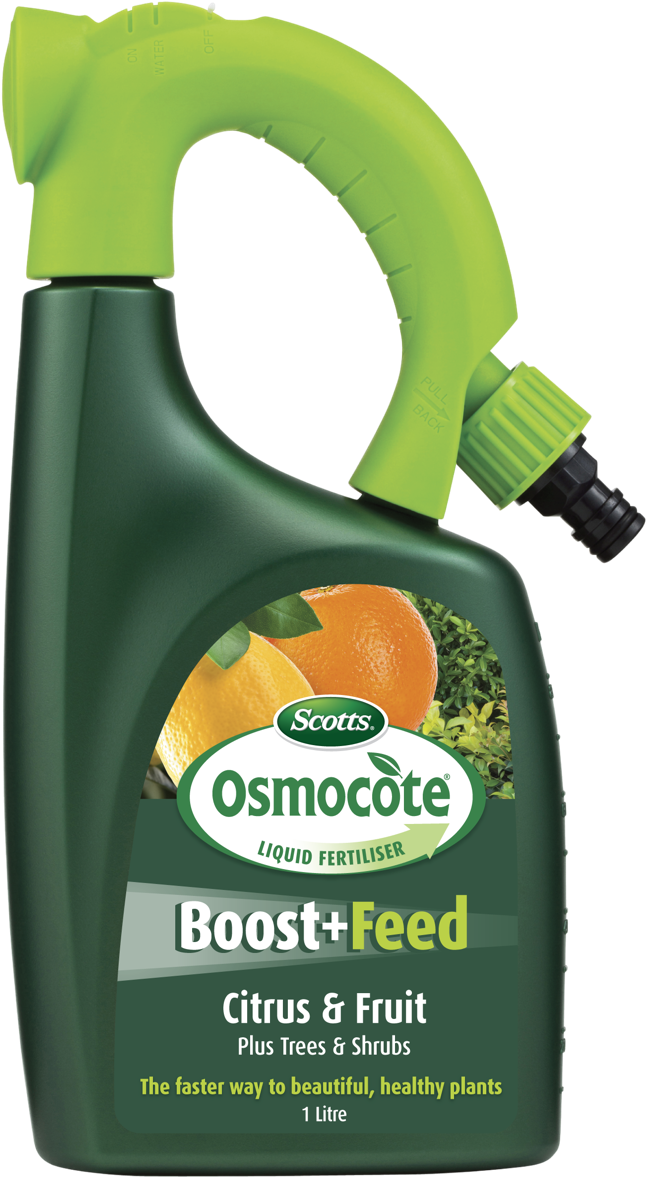 Osmocote 柑橘果實液態肥料瓶 壁紙 — 深綠色Scotts Osmocote液體肥料瓶，配有青檸綠色扳機噴頭和柑橘水果標籤。
