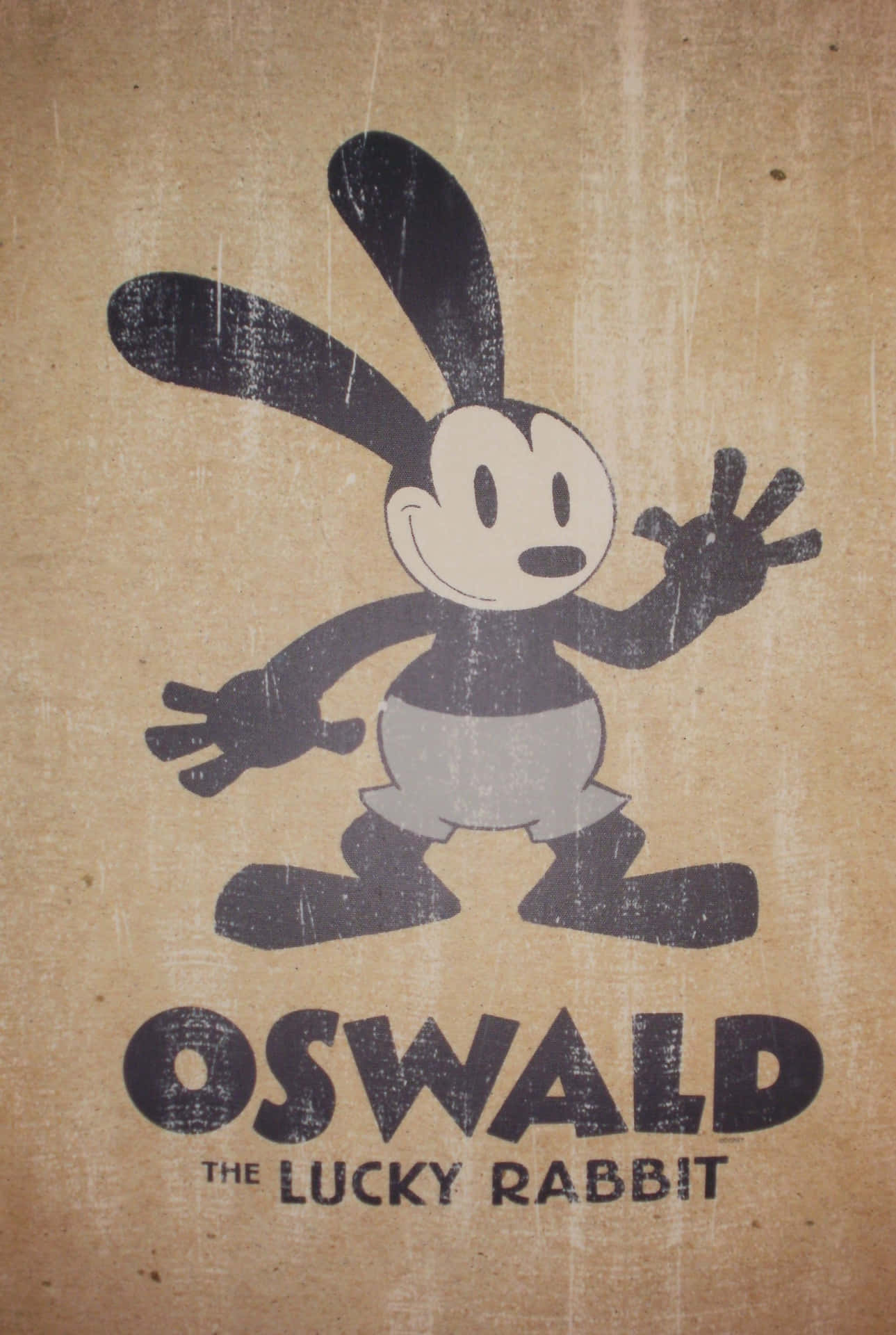  壁紙 — Oswald the Lucky Rabbit 喺有紋理嘅啡色紙背景上愉快地揮手嘅復古海報。