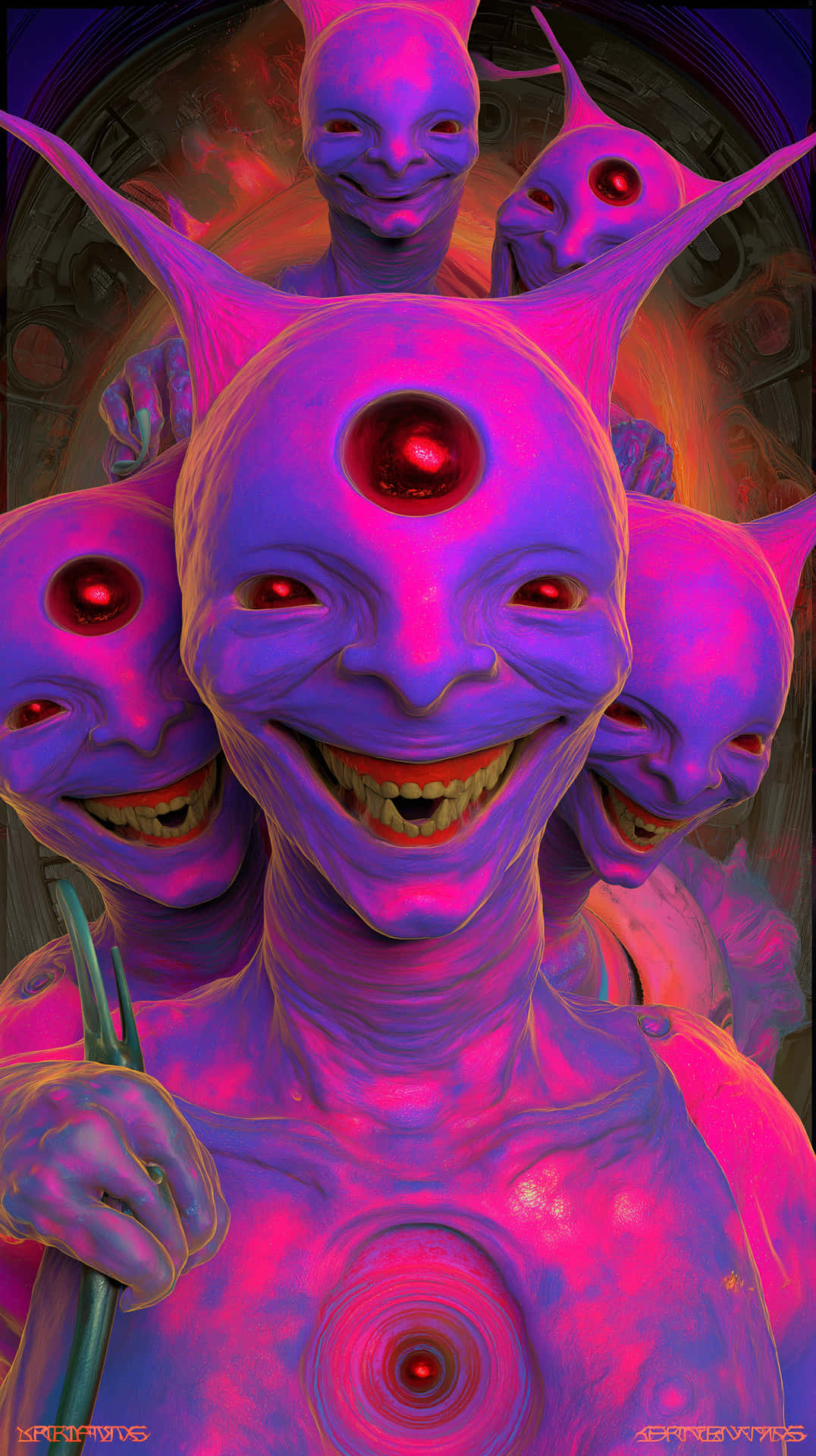 一個紫色外星人，有著發光的紅色眼睛和多個微笑的臉，拿著一根綠色法杖。