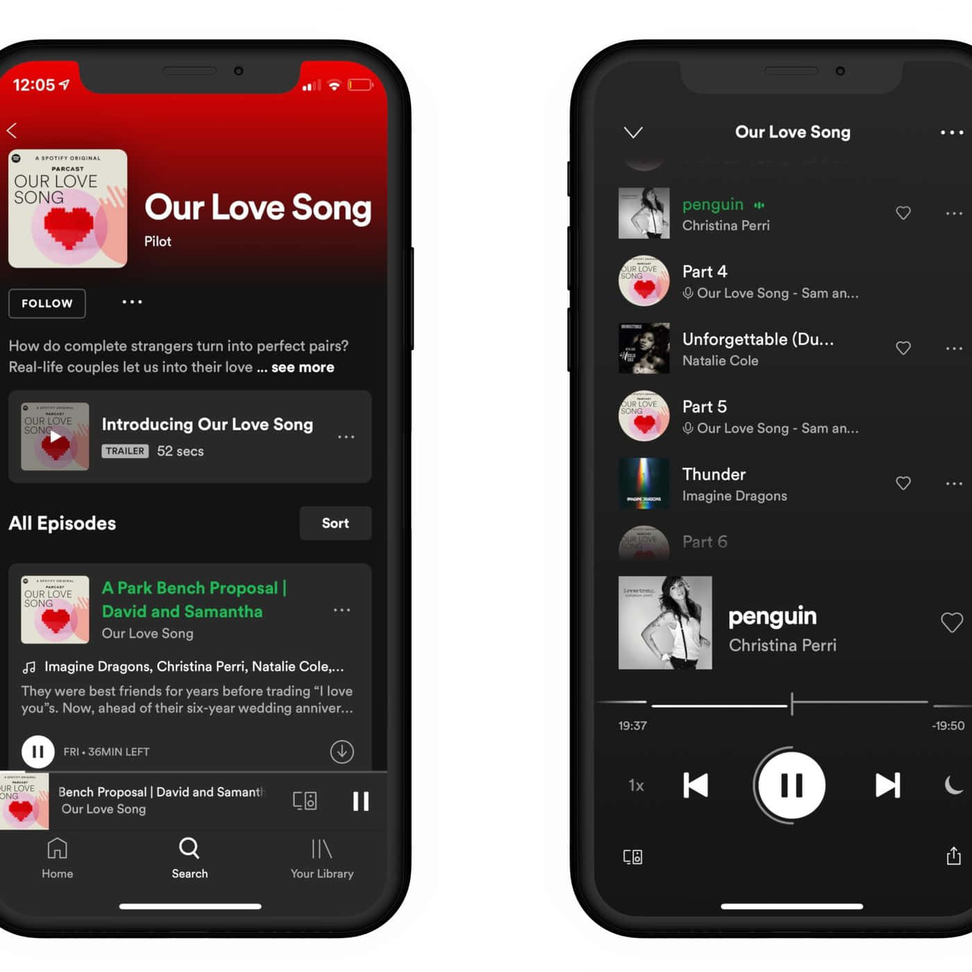 《Our Love》歌曲圖片 壁紙 — 兩部智能手機顯示 Spotify 的「Our Love Song」播客和播放清單介面，採用紅色和深色主題。