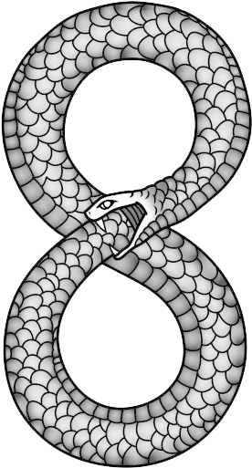 ouroboros無限符號藝術圖 壁紙 — 一條風格化的蛇，帶有精細的鱗片，在純黑背景上形成數字八。
