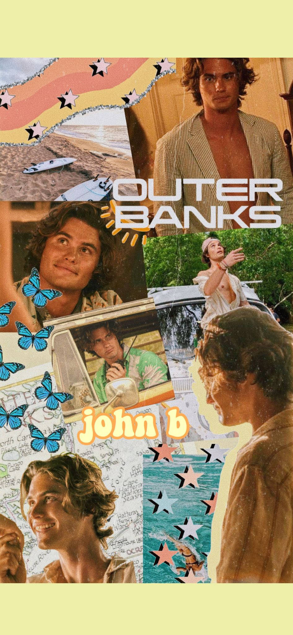Outer Banks John B 粉絲藝術 壁紙 — 來自《外灘探秘》的場景拼貼畫，充滿活力， featuring John B、海灘日落、蝴蝶和復古汽車。