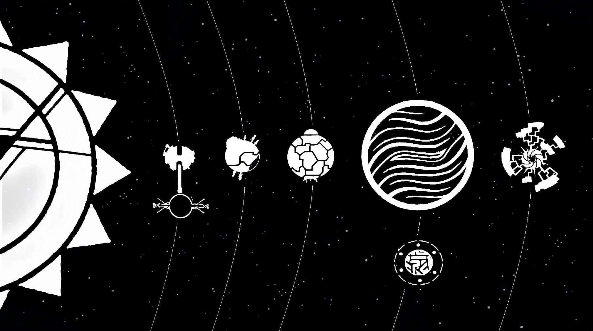 風格化的太陽系，行星和軌道以黑白呈現。