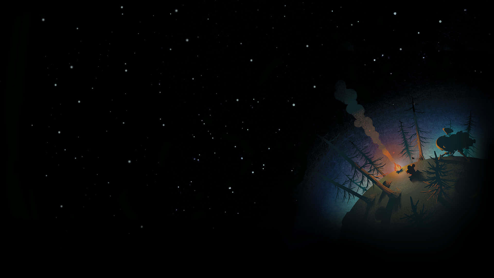營火在星空下的夜晚森林中照亮，可見衛星天線。