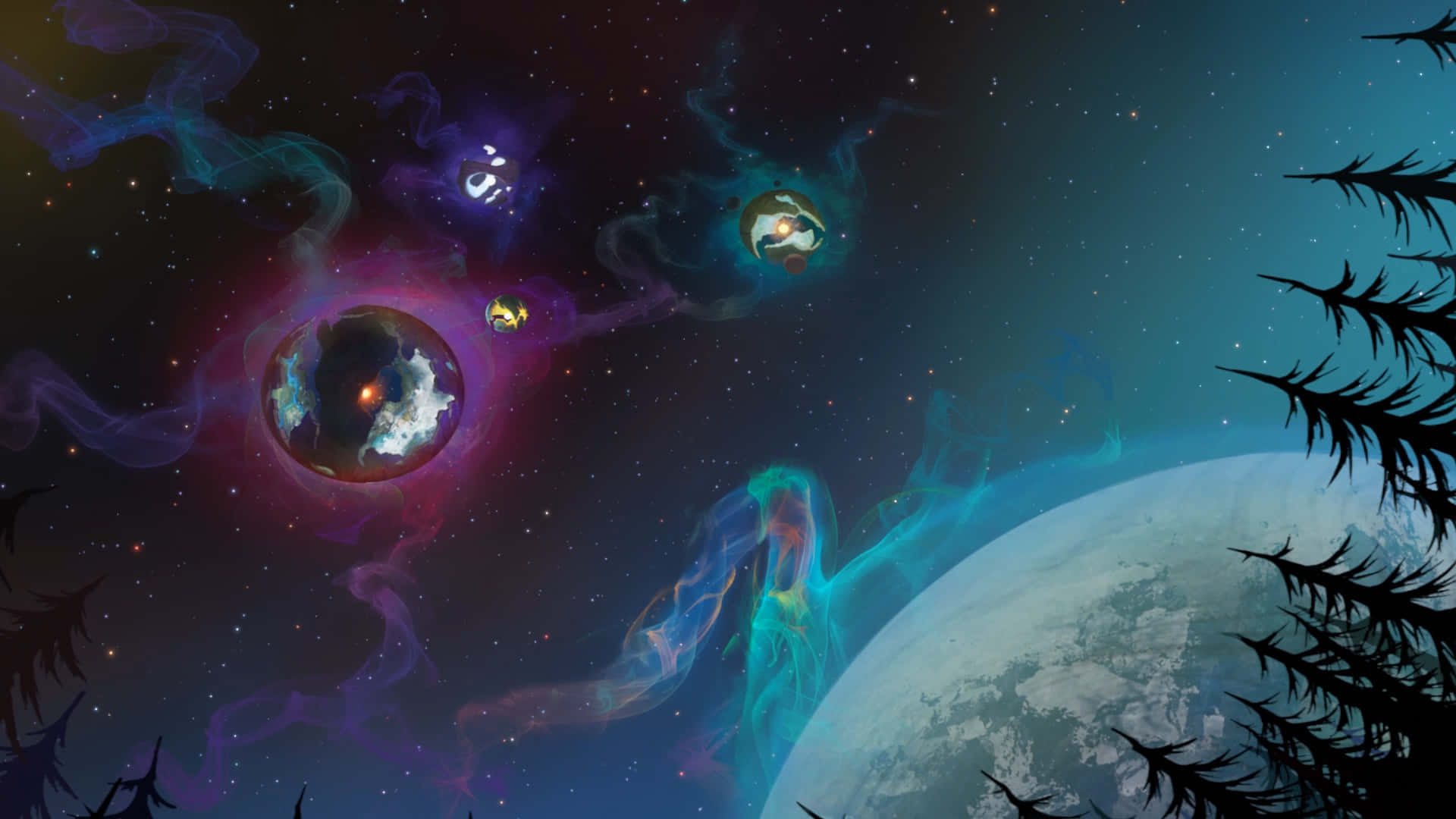 剪影松樹框住了星空下發光宇宙星雲和行星的景色。