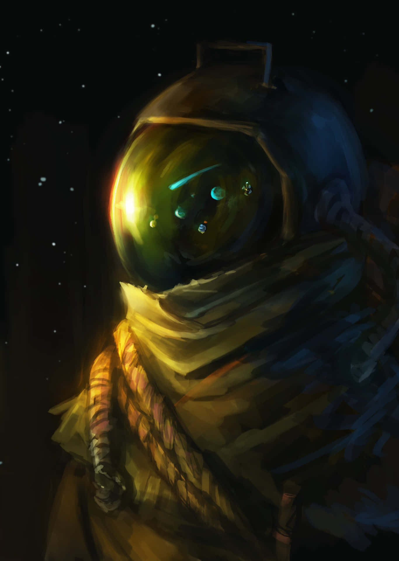 穿著太空衣的太空人透過頭盔遮陽板觀看行星，背景是星空。