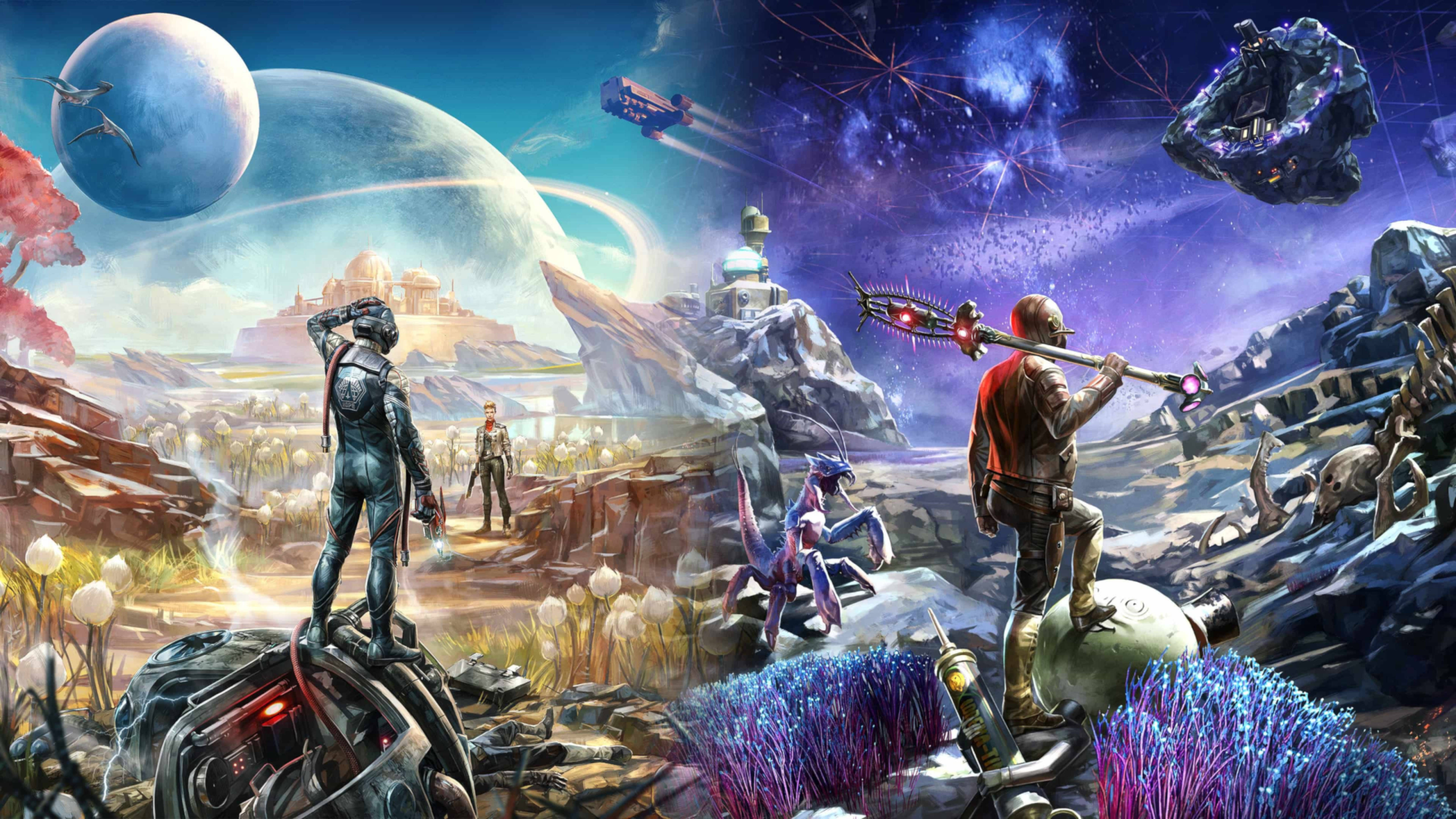 《Outer Worlds》遊戲中的未來冒險 壁紙 — 兩名身穿盔甲的冒險家探索一個充滿活力的外星行星，有發光的植物、漂浮的岩石和遙遠的未來城市，在星空下。