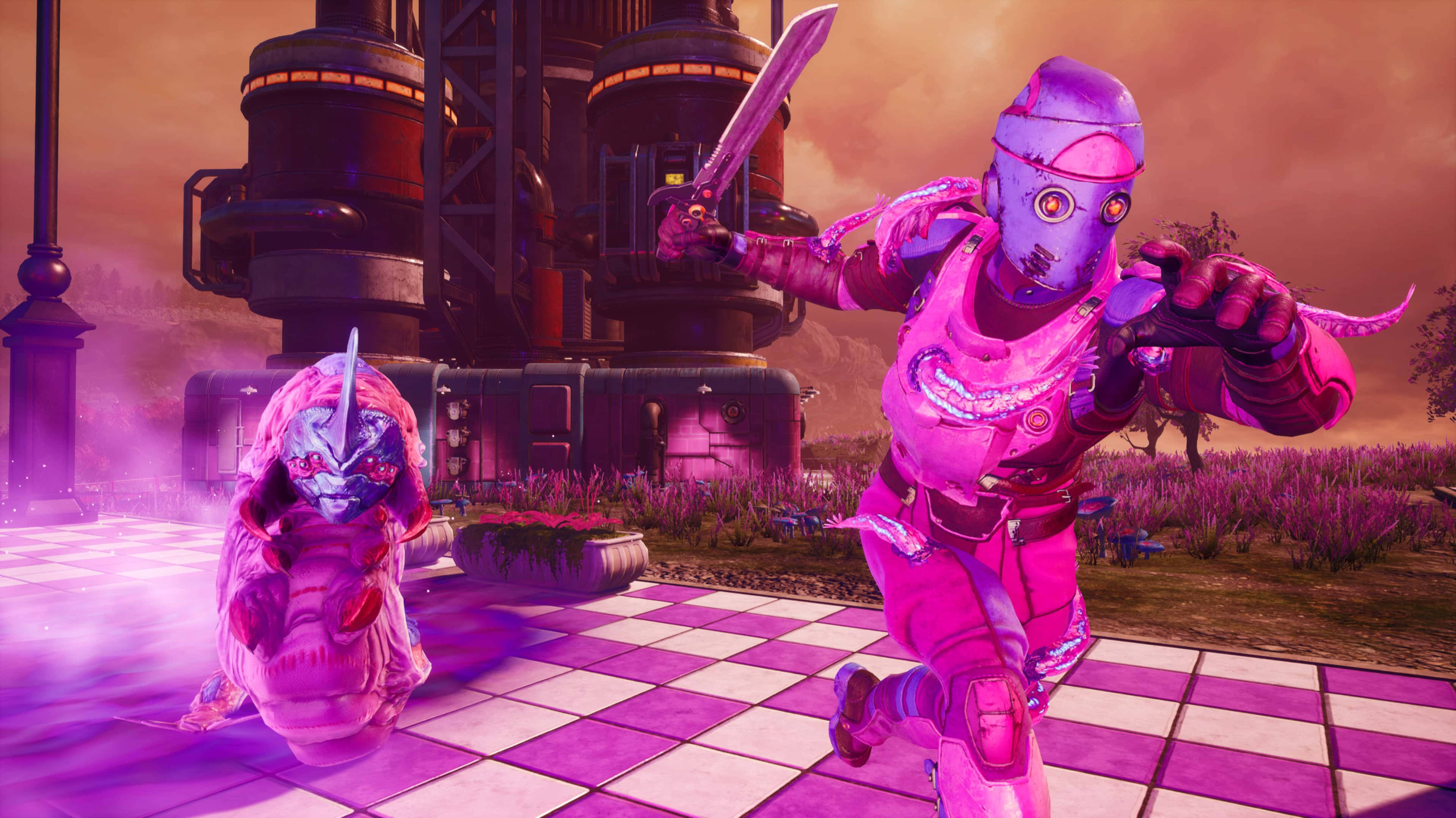 《Outer Worlds》遊戲中的異星探索 壁紙 — 兩名身穿粉紅色裝甲的外星戰士在方格廣場上碰撞，背景是發光的日落天空。