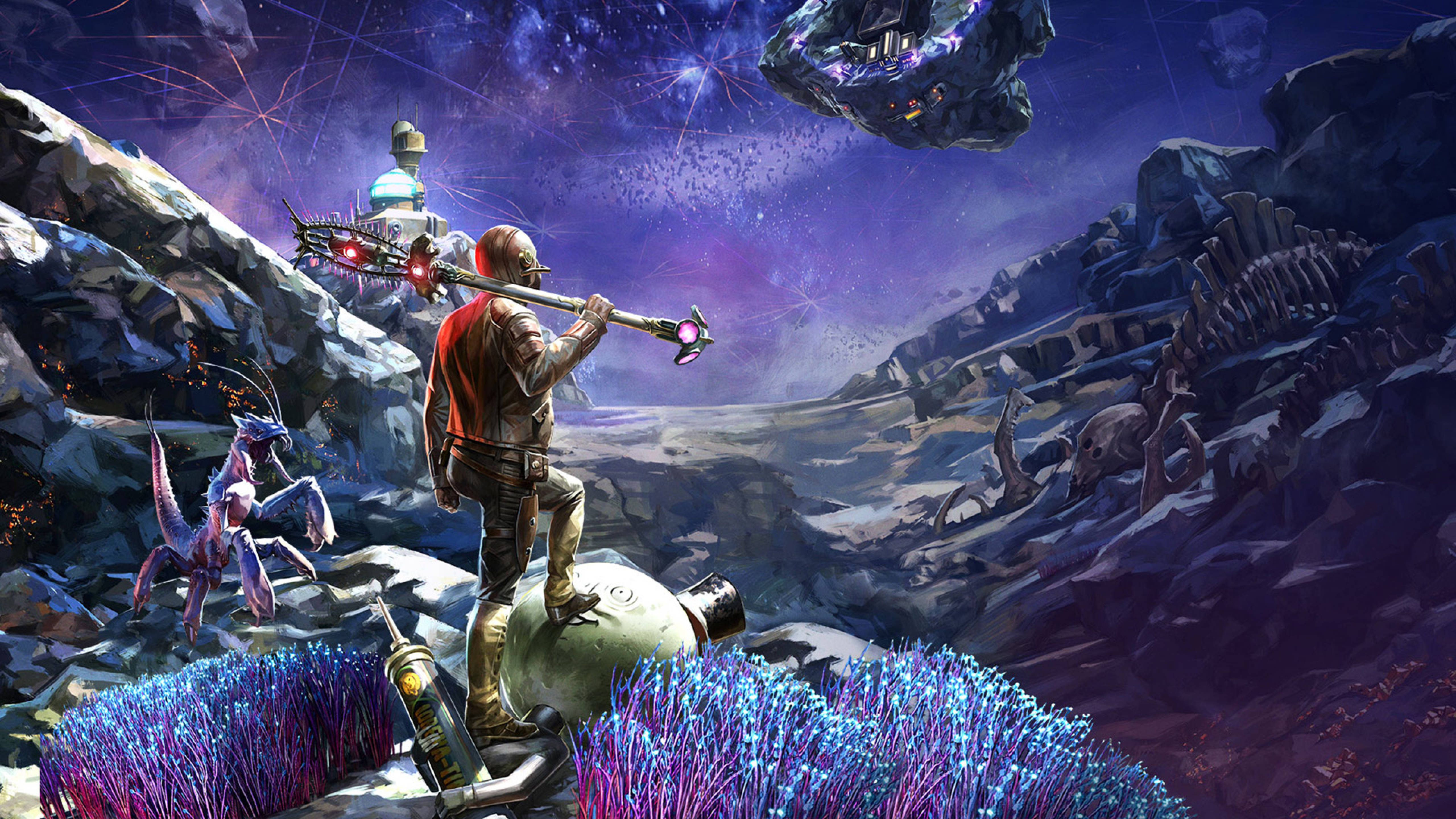 《Outer Worlds》遊戲中的邊疆探索 壁紙 — 一個孤獨的探險家站在一艘失事的太空船上，周圍是外星紫色植物和崎嶇的岩石，頭上是星光燦爛的宇宙天空。