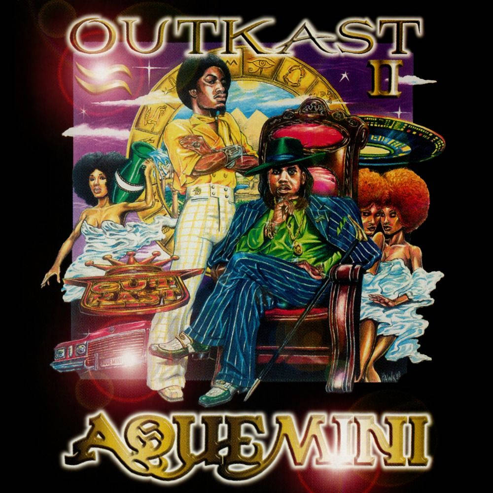 OutKast Aquemini專輯封面插圖，有兩名男子和女性，色彩繽紛的70年代風格。