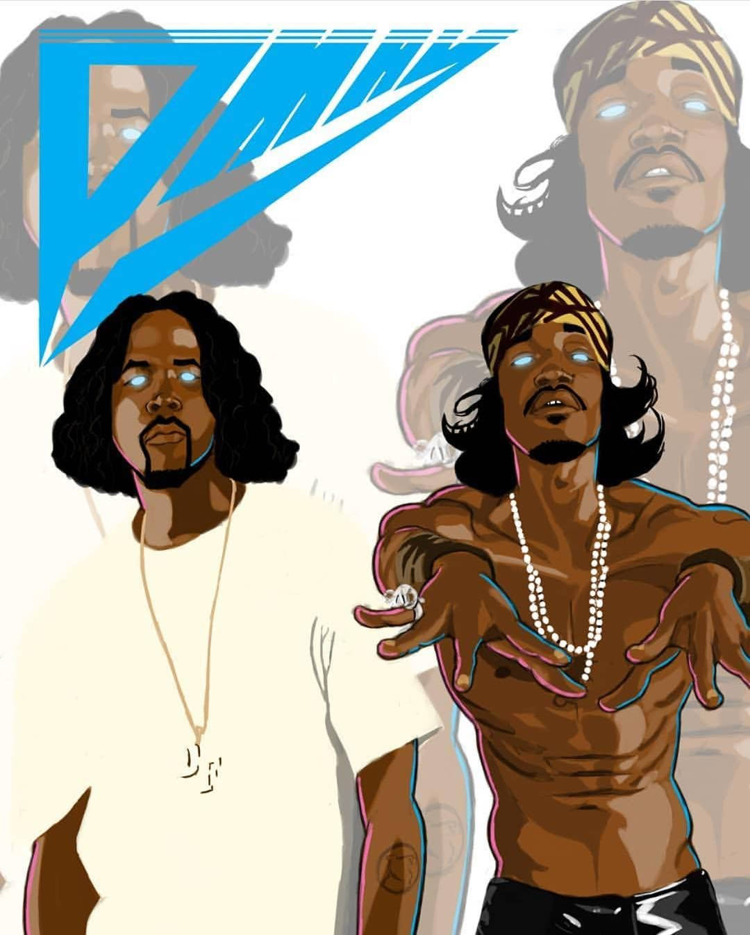 Outkast 安德烈·3000與大波伊嘻哈藝術插畫 壁紙 — 兩個風格化的男人，有著發光的藍色眼睛和大膽的輪廓，在褪色的肖像和銳利的藍色標誌背景下自信地擺姿勢。