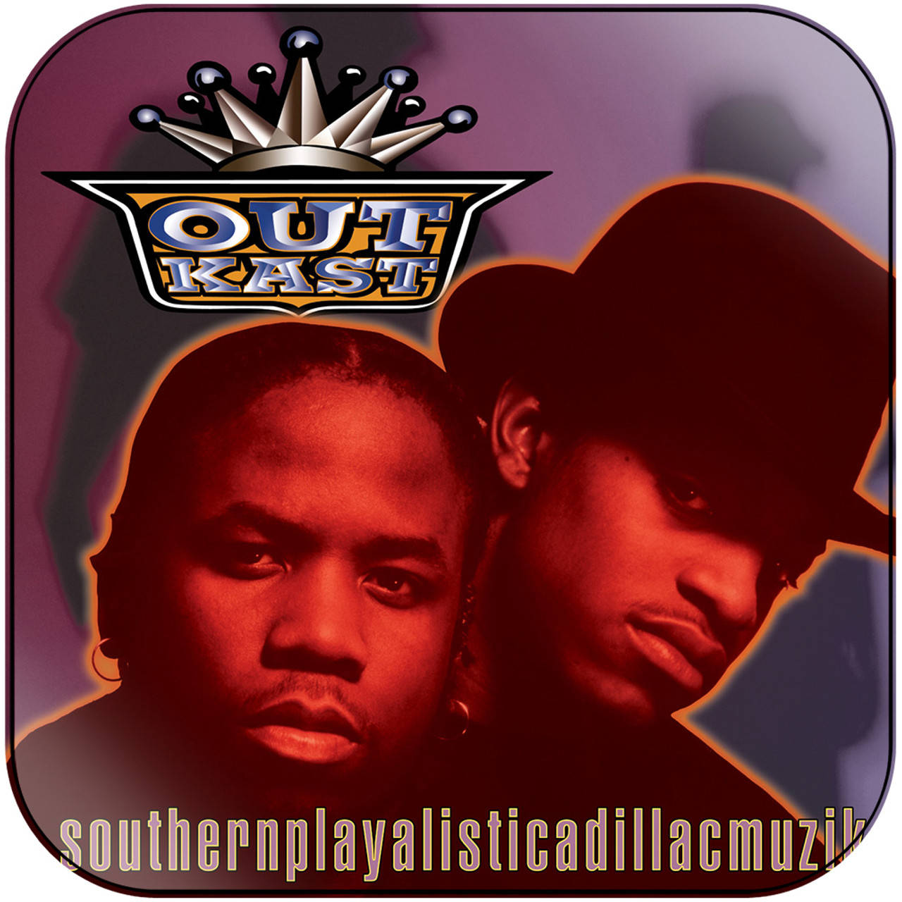OutKast 樂隊標誌，皇冠下有兩個紅色調的男人。