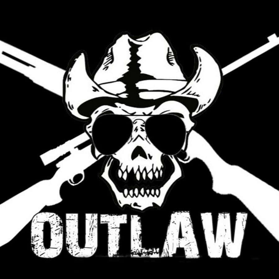 outlaw骷髏牛仔帽 壁紙 — 一個鮮明的白色骷髏頭戴著牛仔帽和太陽眼鏡，背後有交叉的步槍，下方有OUTLAW字樣。