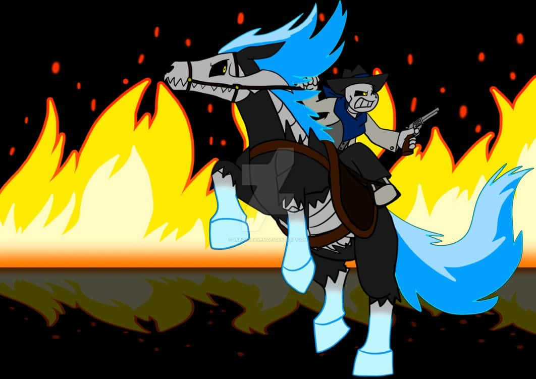 騎乘魔法亡靈馬的 outlaw 頭骨 壁紙 — 一個骷髏牛仔騎著一匹燃燒的藍色馬，穿過黑色天空下的火熱景觀。