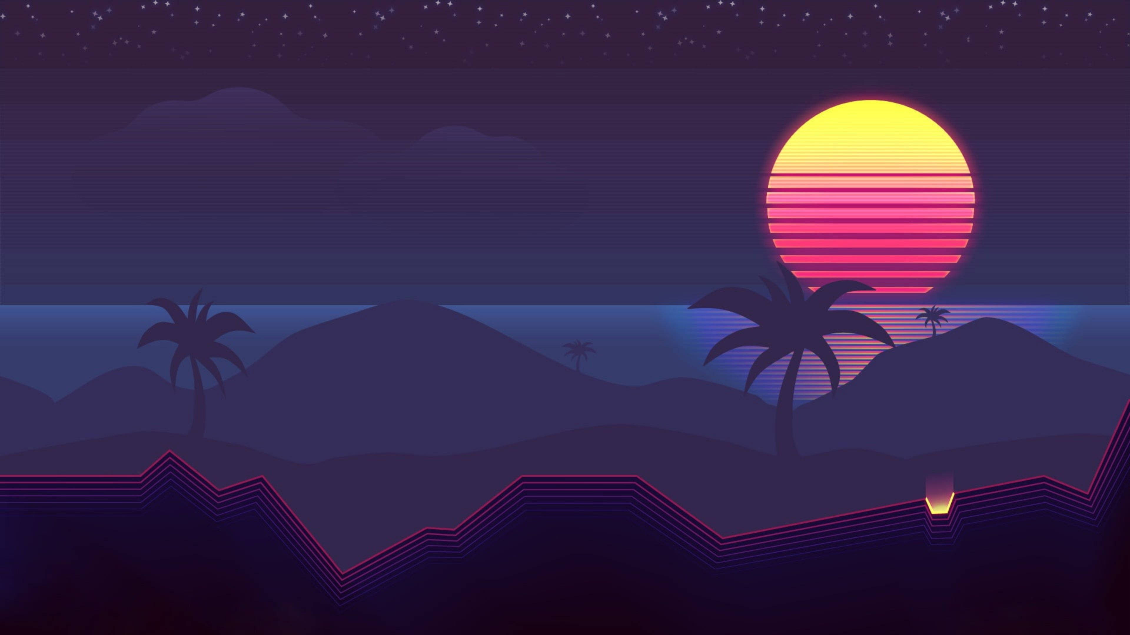 暗黑Outrun海報 壁紙 — 一個復古未來主義的日落，在星空下，紫色山脈和棕櫚樹上方有橙色和粉紅色條紋的太陽。