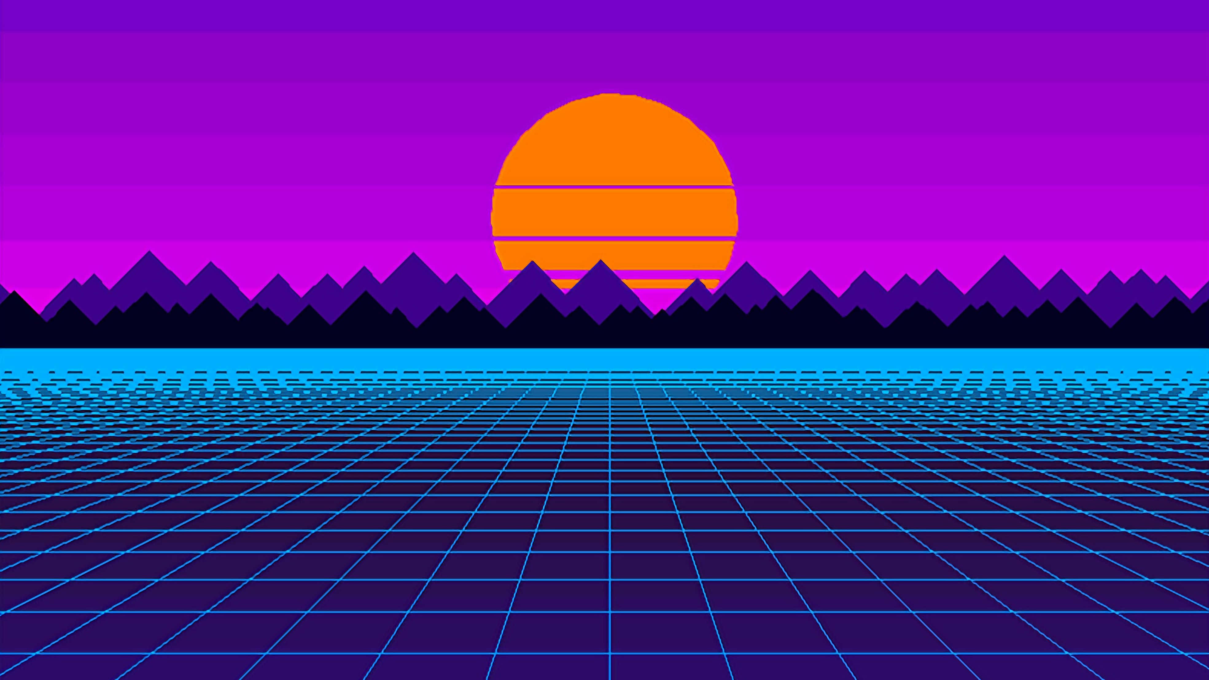 Vaporwave 日落，橙色太陽位於紫色山脈之上，藍色網格地平線。